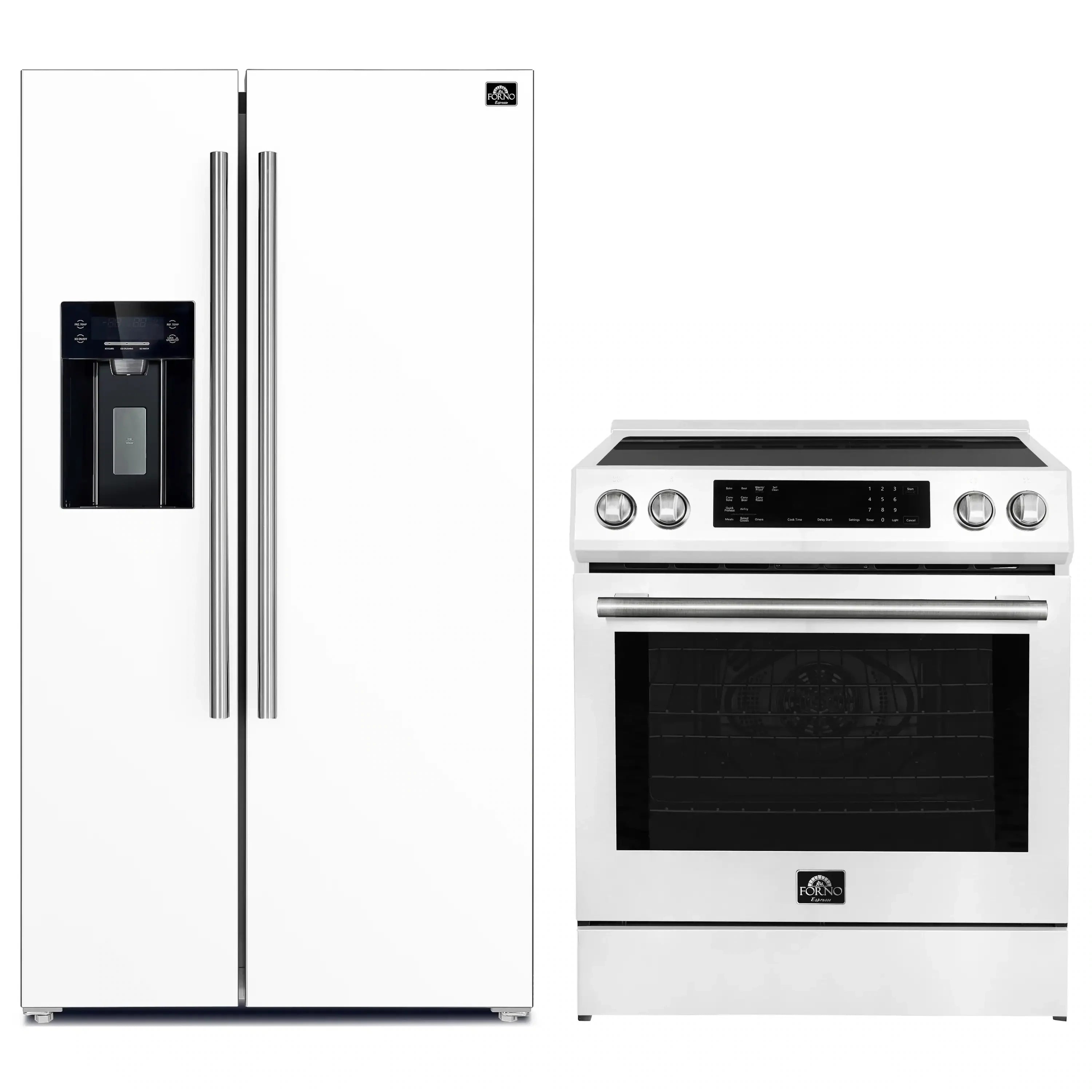 White refrigerator and induction range set, stainless handles and black oven door