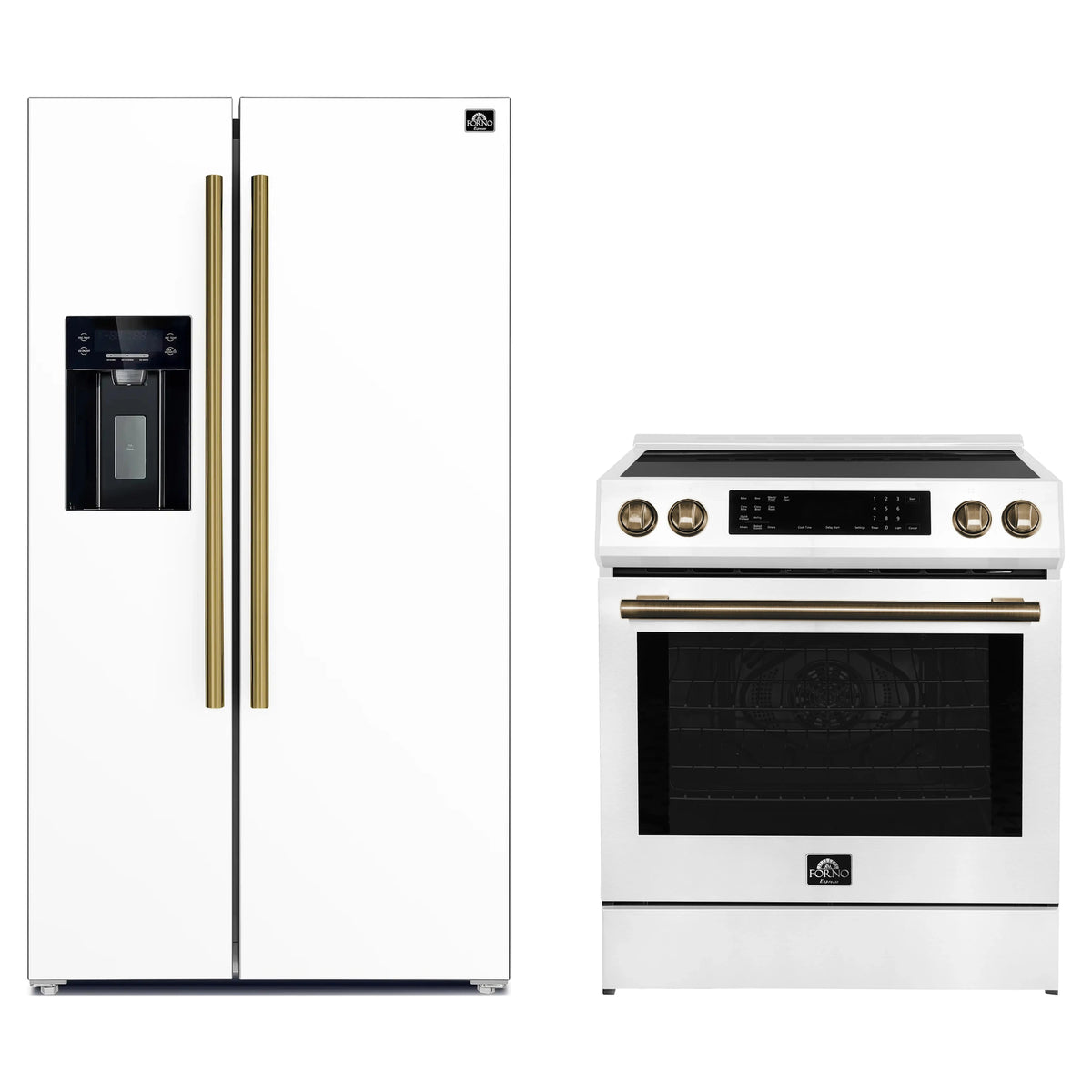 Forno 2-Piece Appliance Package - 30-Inch Induction Range and 36-Inch Side by Side Refrigerator with Water Dispenser in White with Antique Brass Trim (FBDL-015-09CAUS)