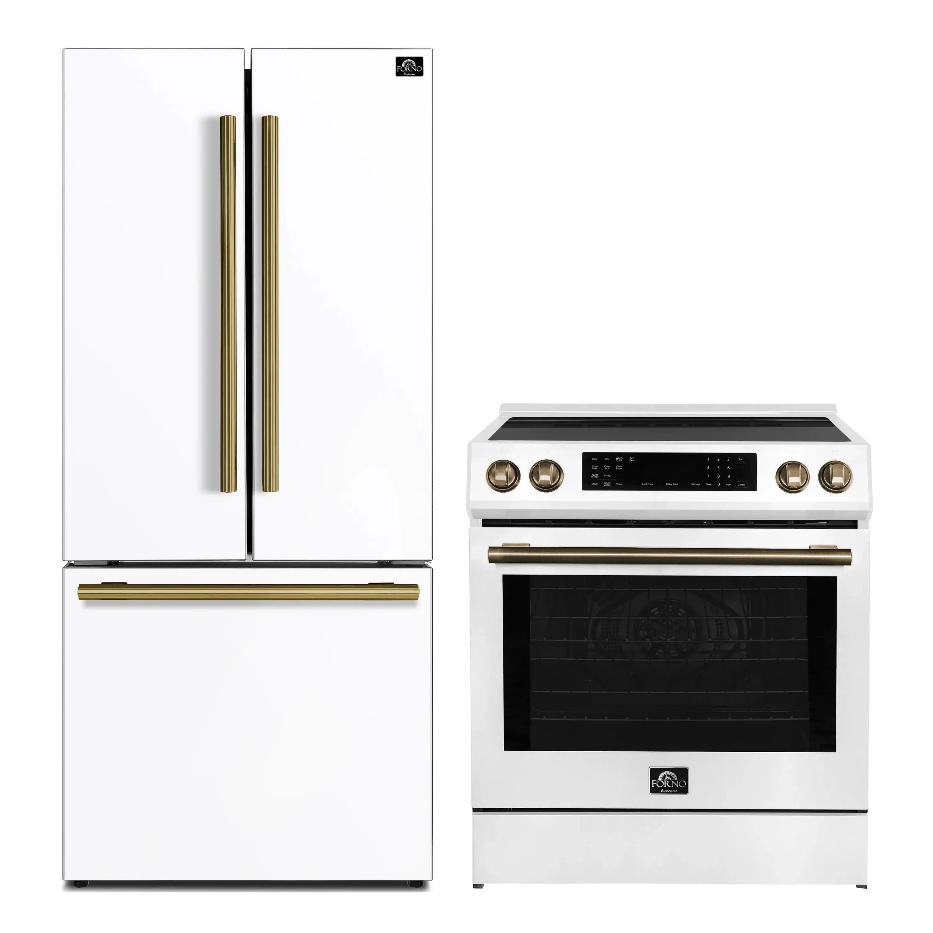 White French-door refrigerator and slide-in induction range with antique brass handles