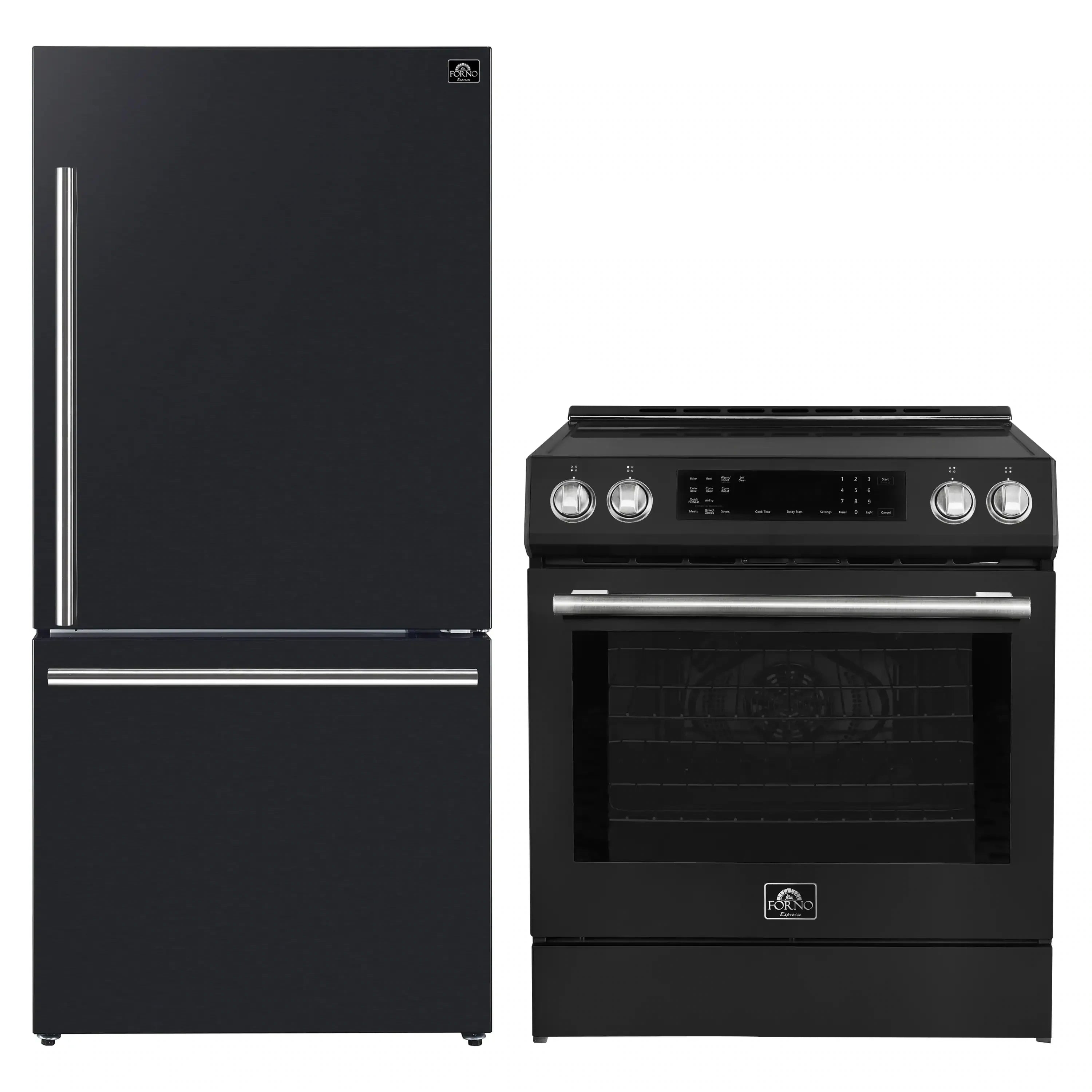 Two-piece appliance package with black refrigerator and black induction range, stainless handles