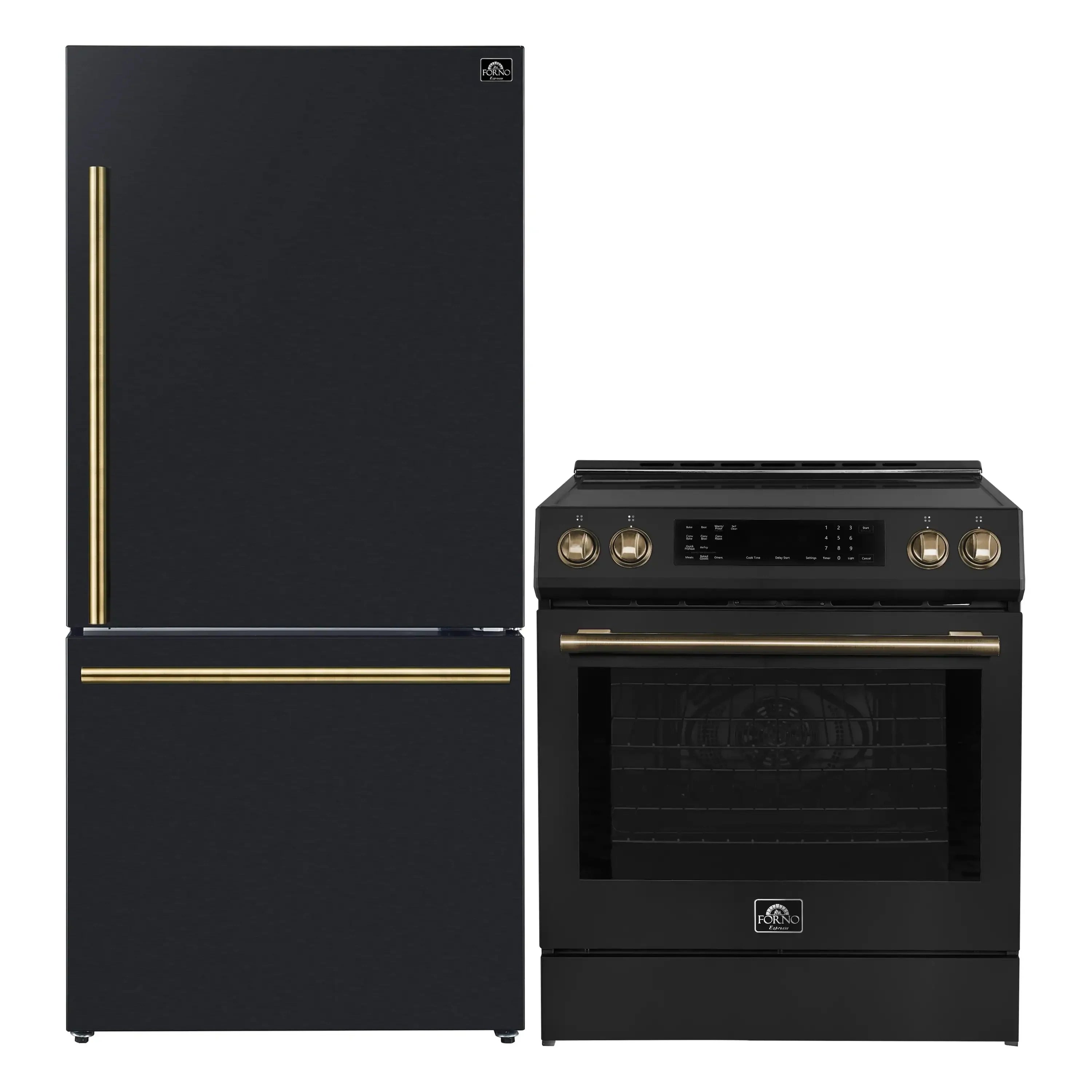 Black induction range and refrigerator set with antique brass-style handles