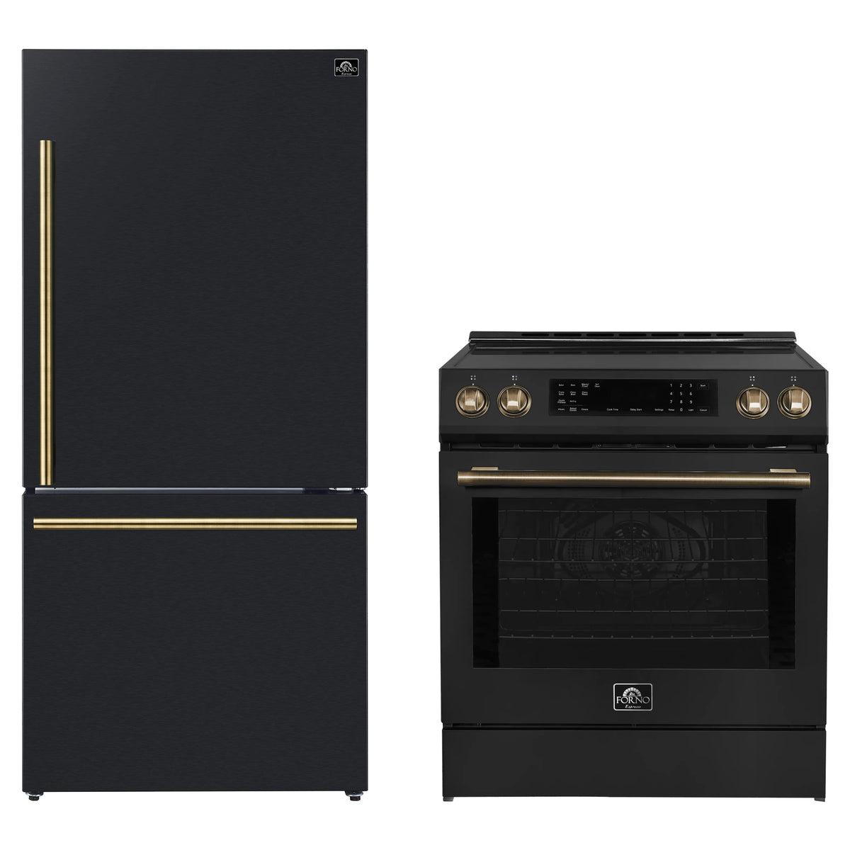 Forno 2-Piece Appliance Package - 30-Inch Induction Range and 31-Inch Refrigerator, Right Hinge in Black with Antique Brass Trim (FBDL-015-11CAUS)