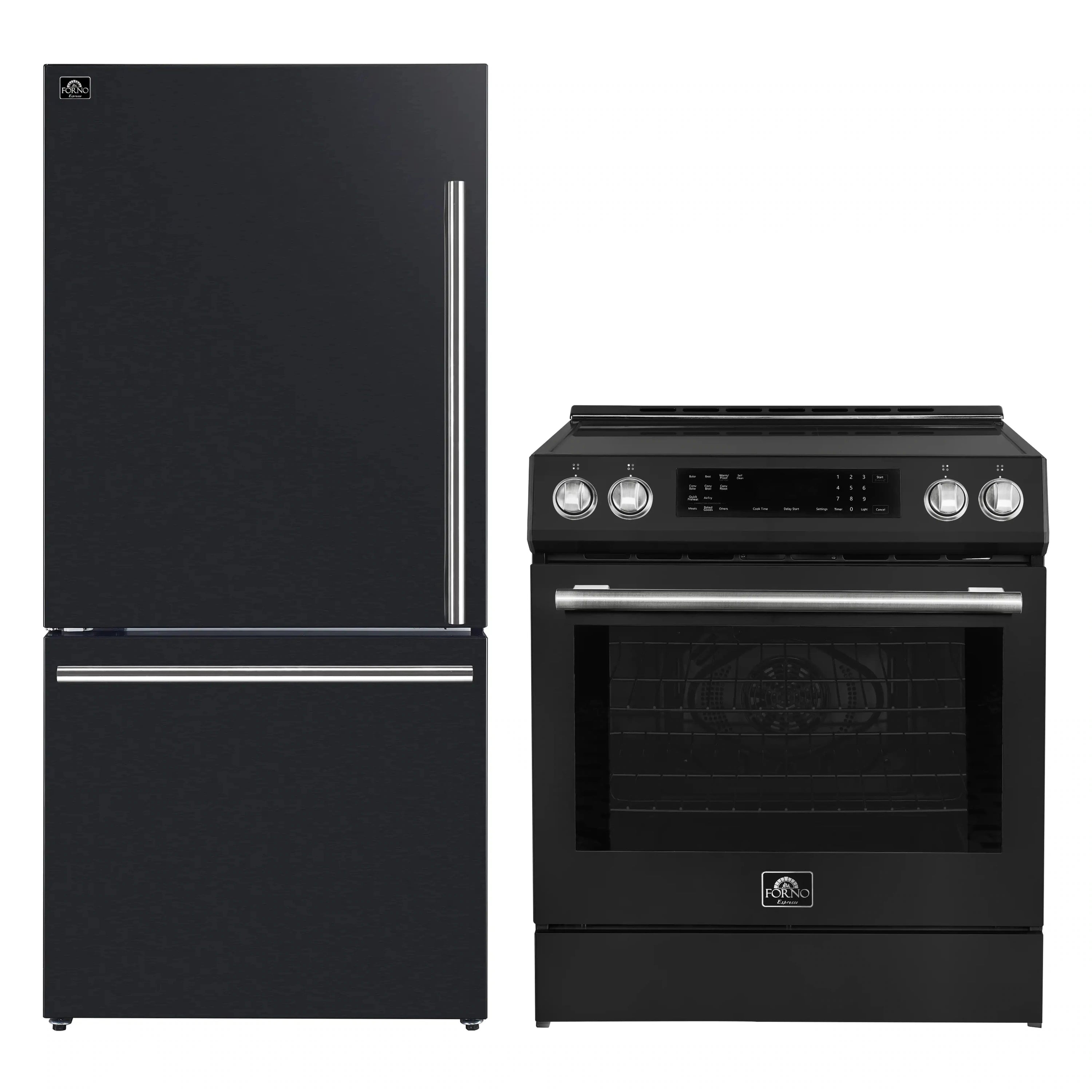 Matching black refrigerator and induction range appliances with stainless steel handle and knobs.