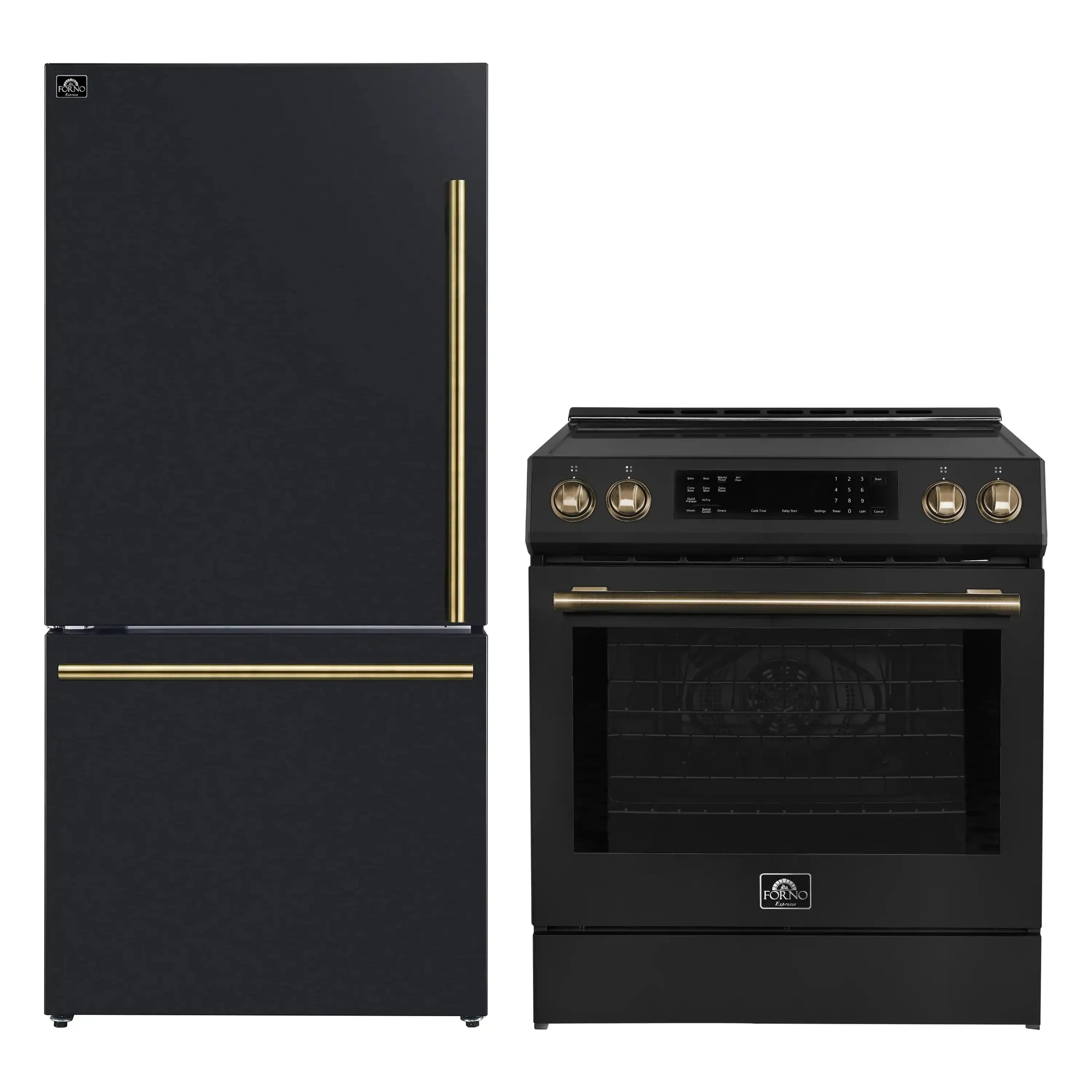 Black two-piece appliance package: refrigerator and induction range with brass handles