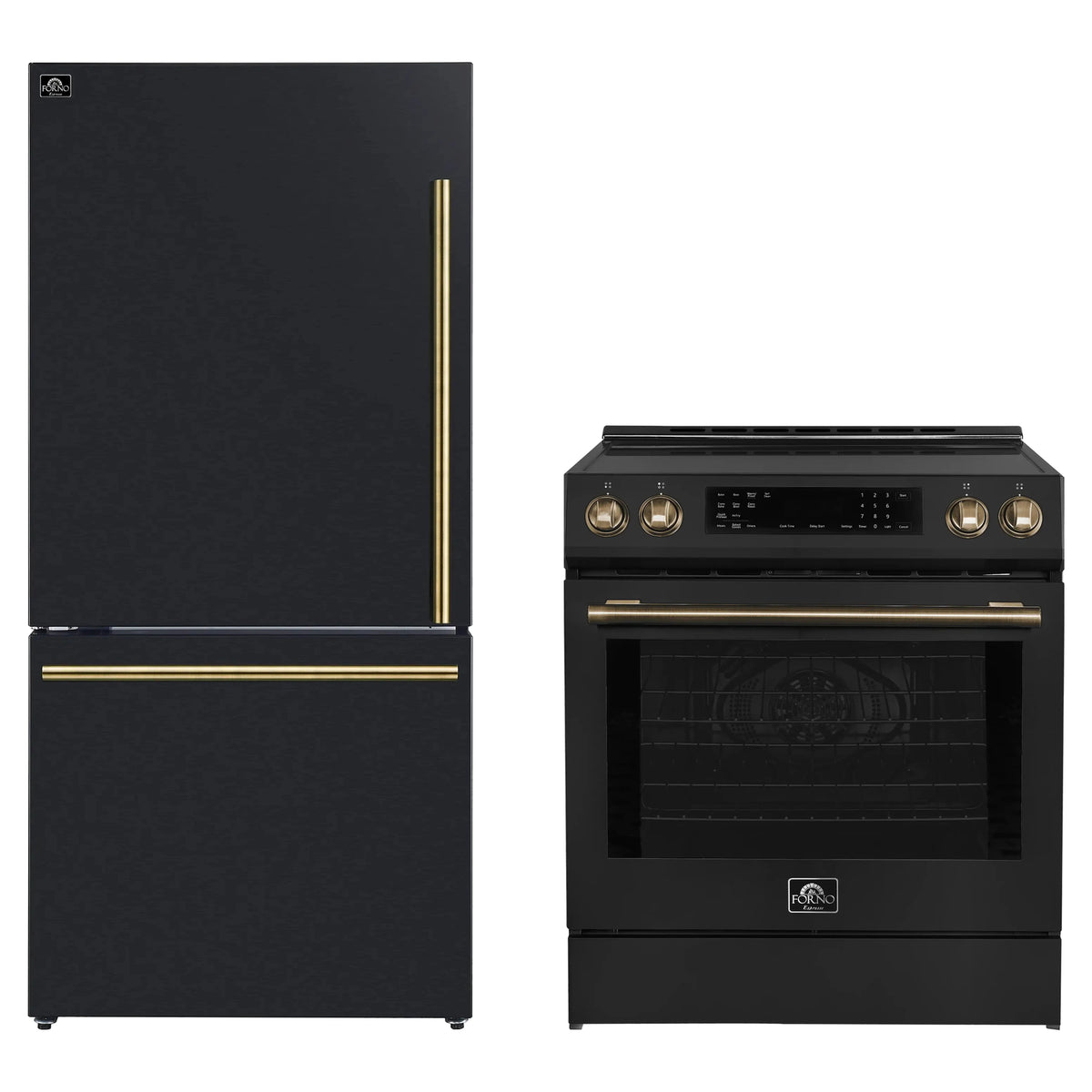 Forno 2-Piece Appliance Package - 30-Inch Induction Range and 31-Inch Bottom Freezer Door Refrigerator in Black with Antique Brass Trim (FBDL-015-12CAUS)