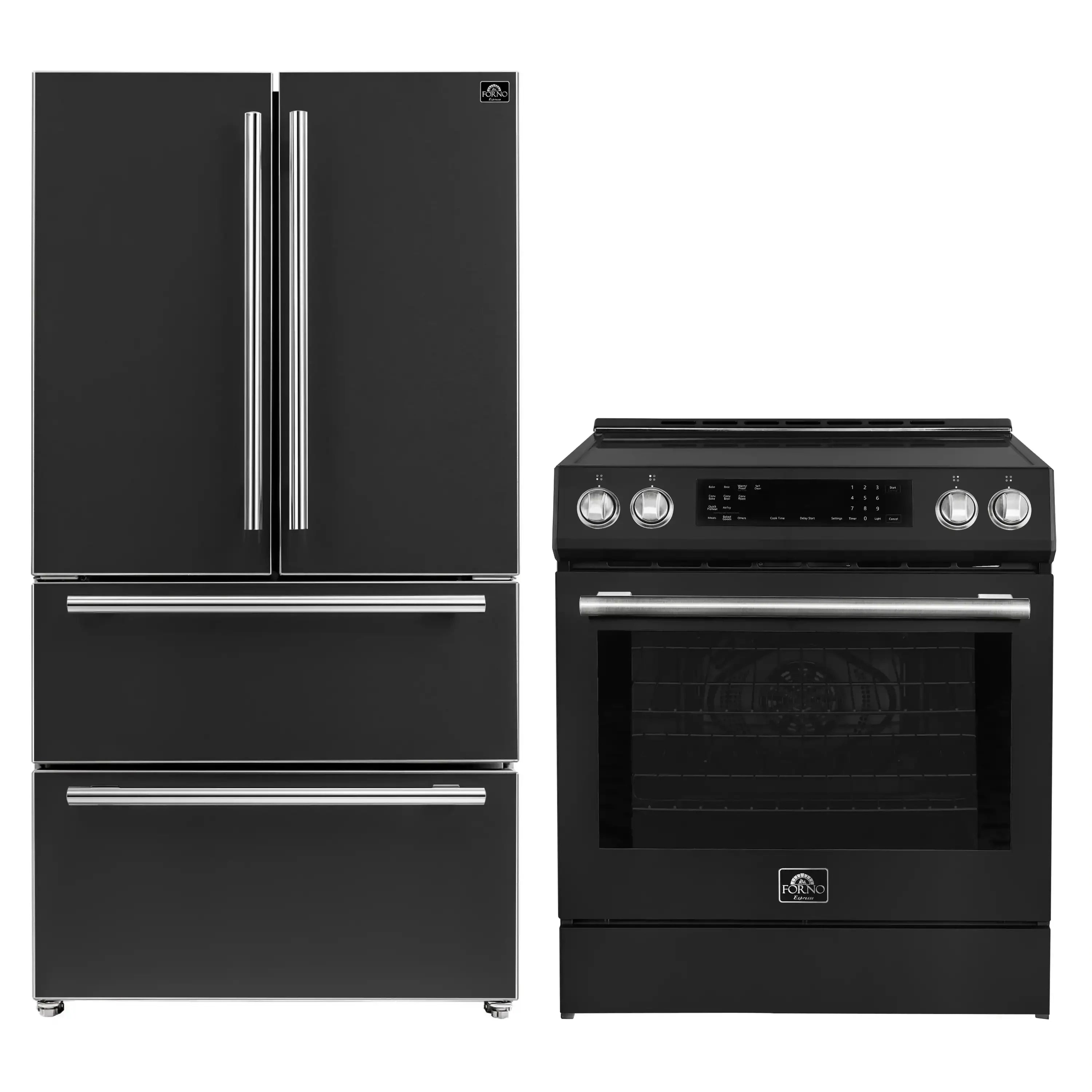 Black French door refrigerator and induction range with stainless controls, side-by-side view.