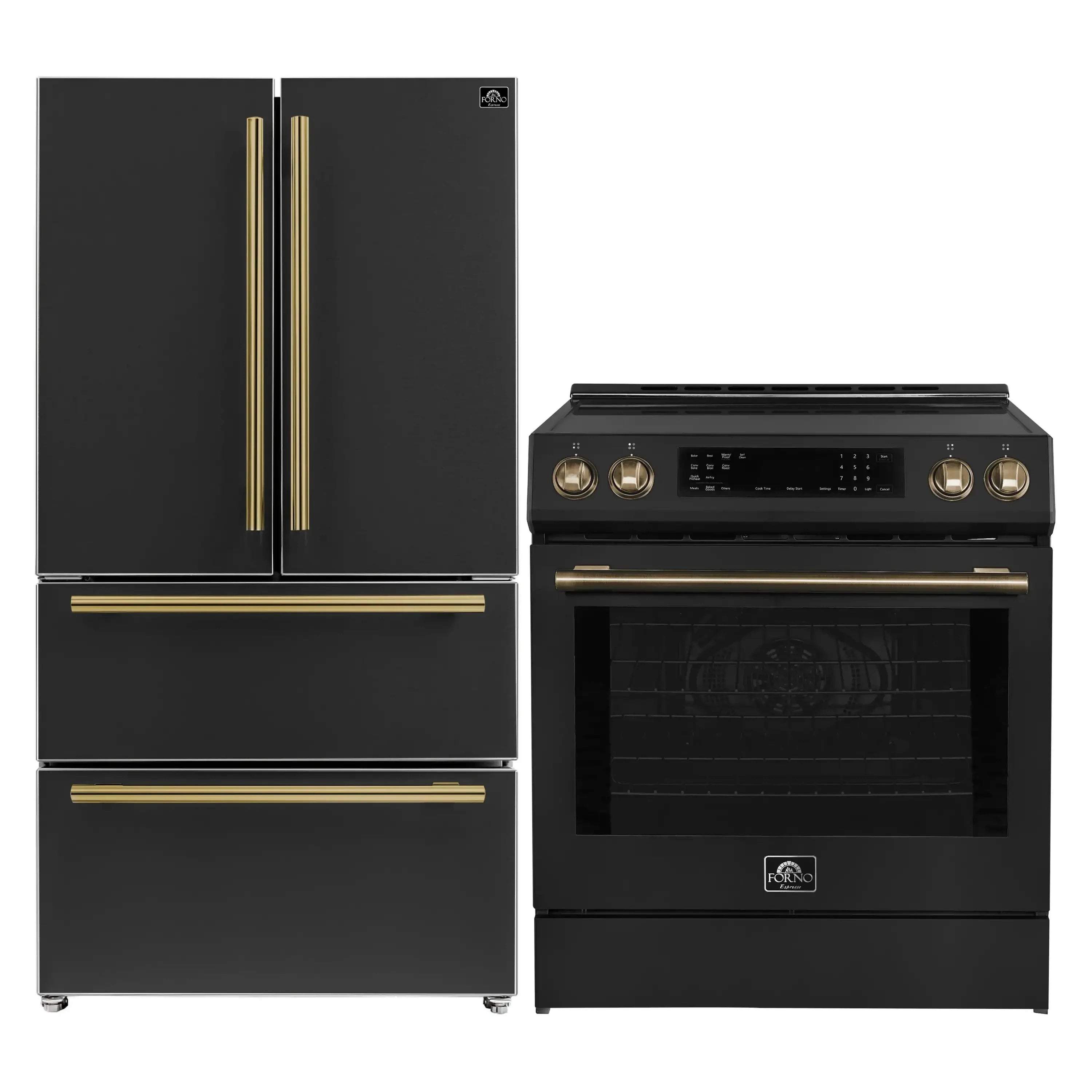 Black induction range and black French door refrigerator with antique brass accents