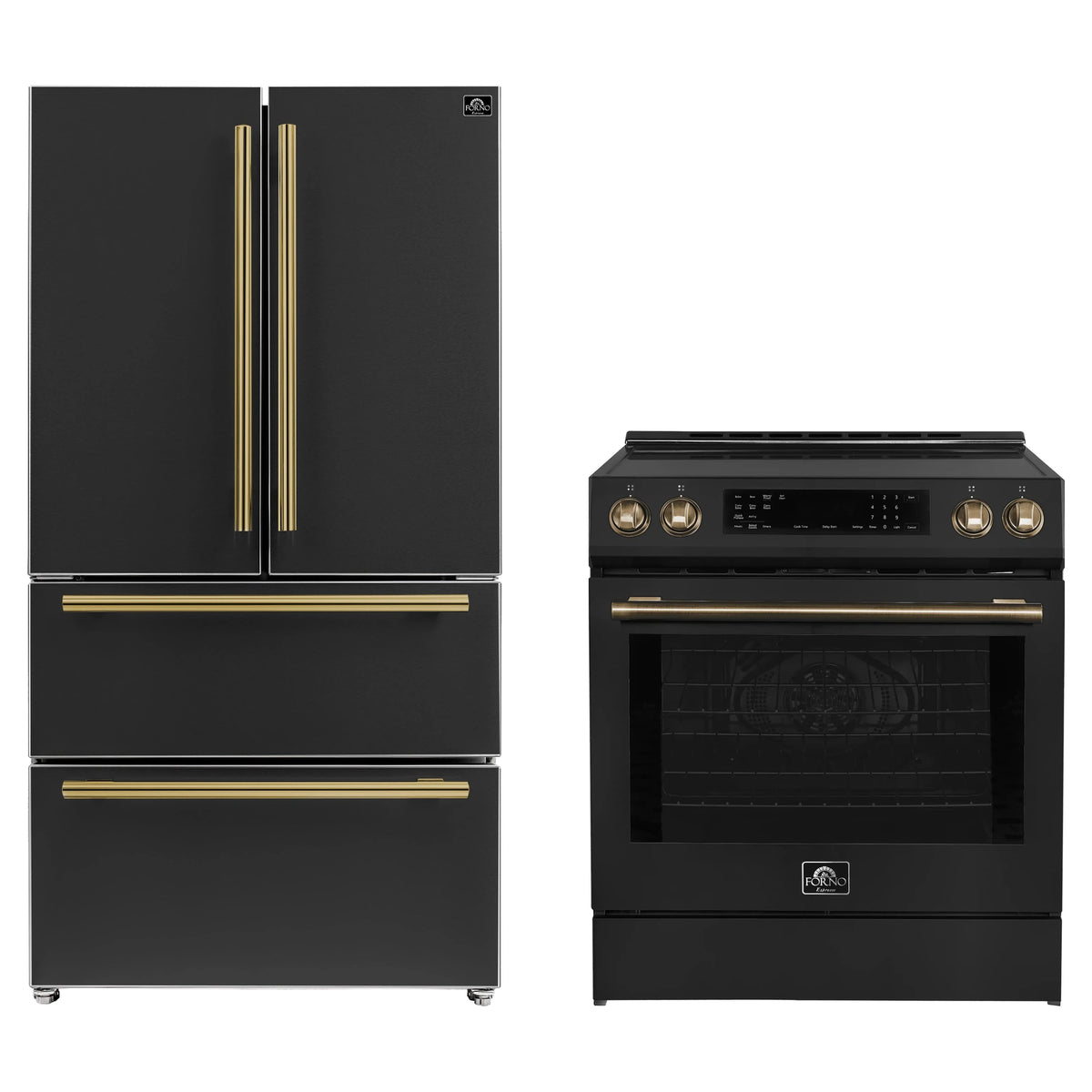 Forno 2-Piece Appliance Package - 30-Inch Induction Range and 36-Inch French Door Refrigerator in Black with Antique Brass Trim (FBDL-015-13CAUS)