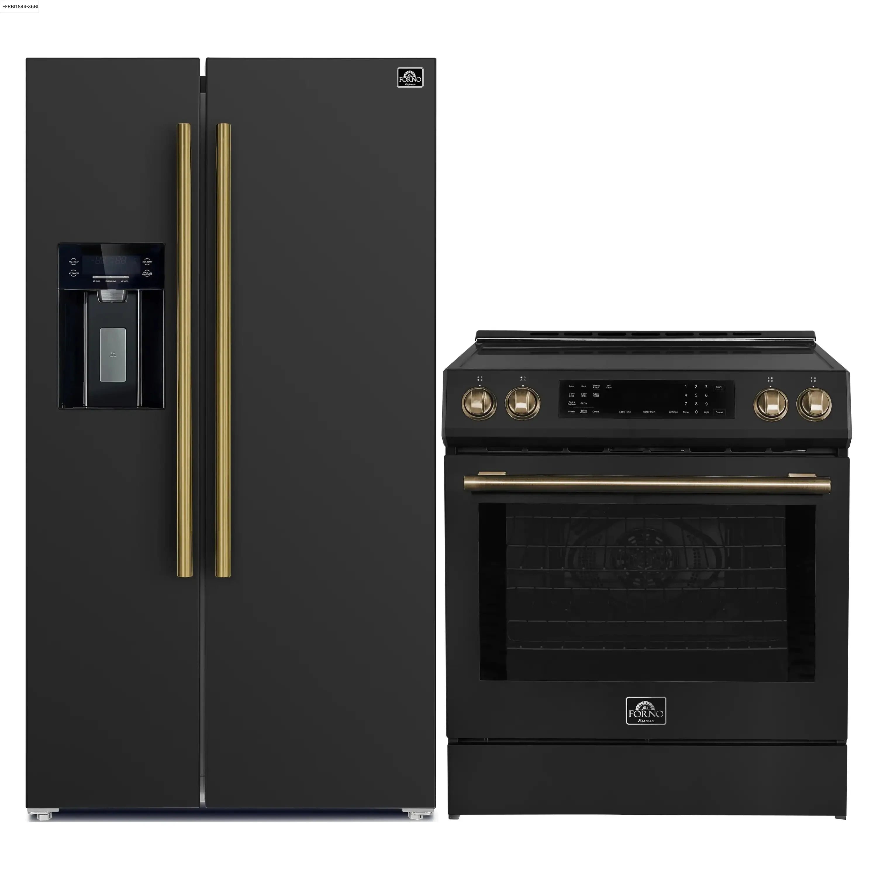 Black refrigerator with water dispenser and black induction range, antique brass handles