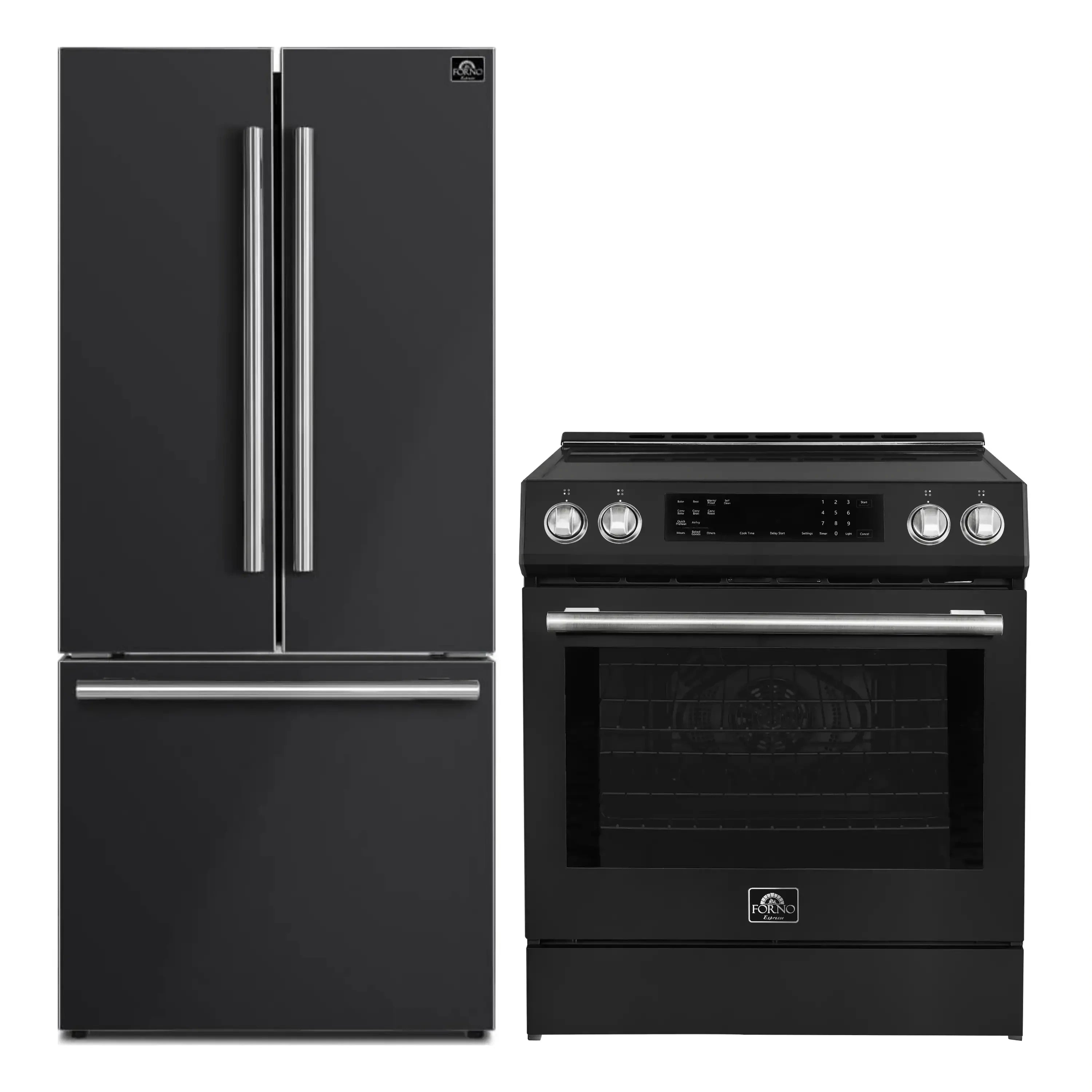 Forno 2-piece appliance set: black fridge and induction range with stainless handles