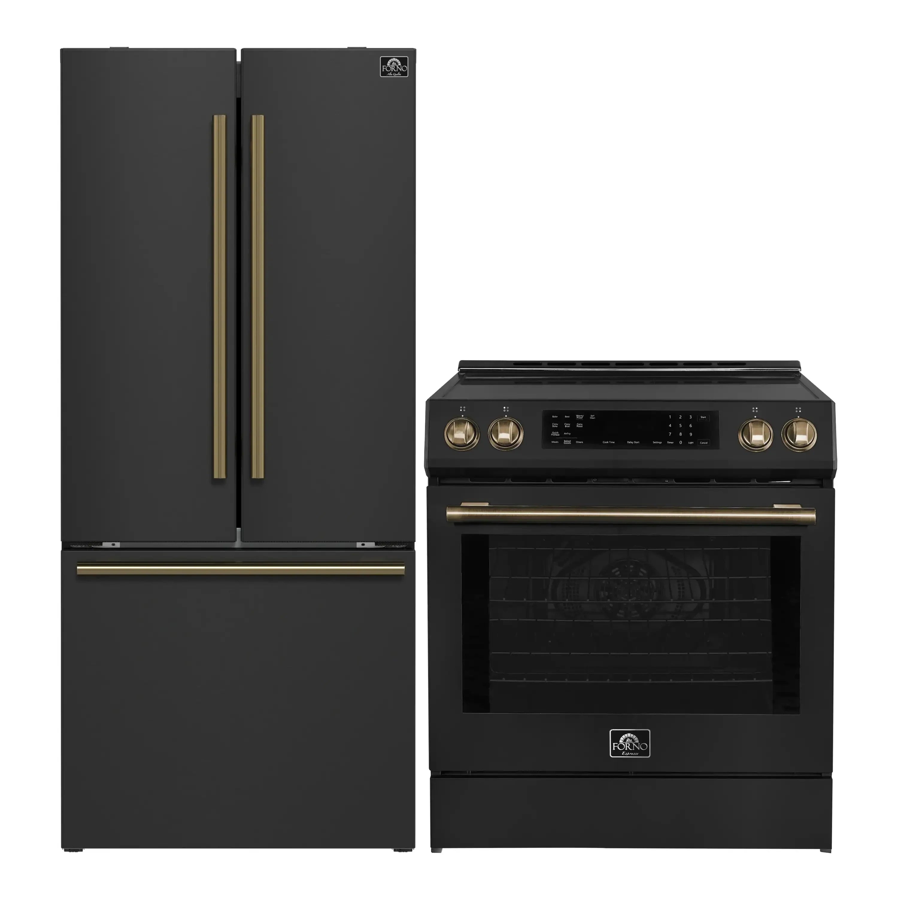 Black refrigerator with French doors and black induction range with brass handles