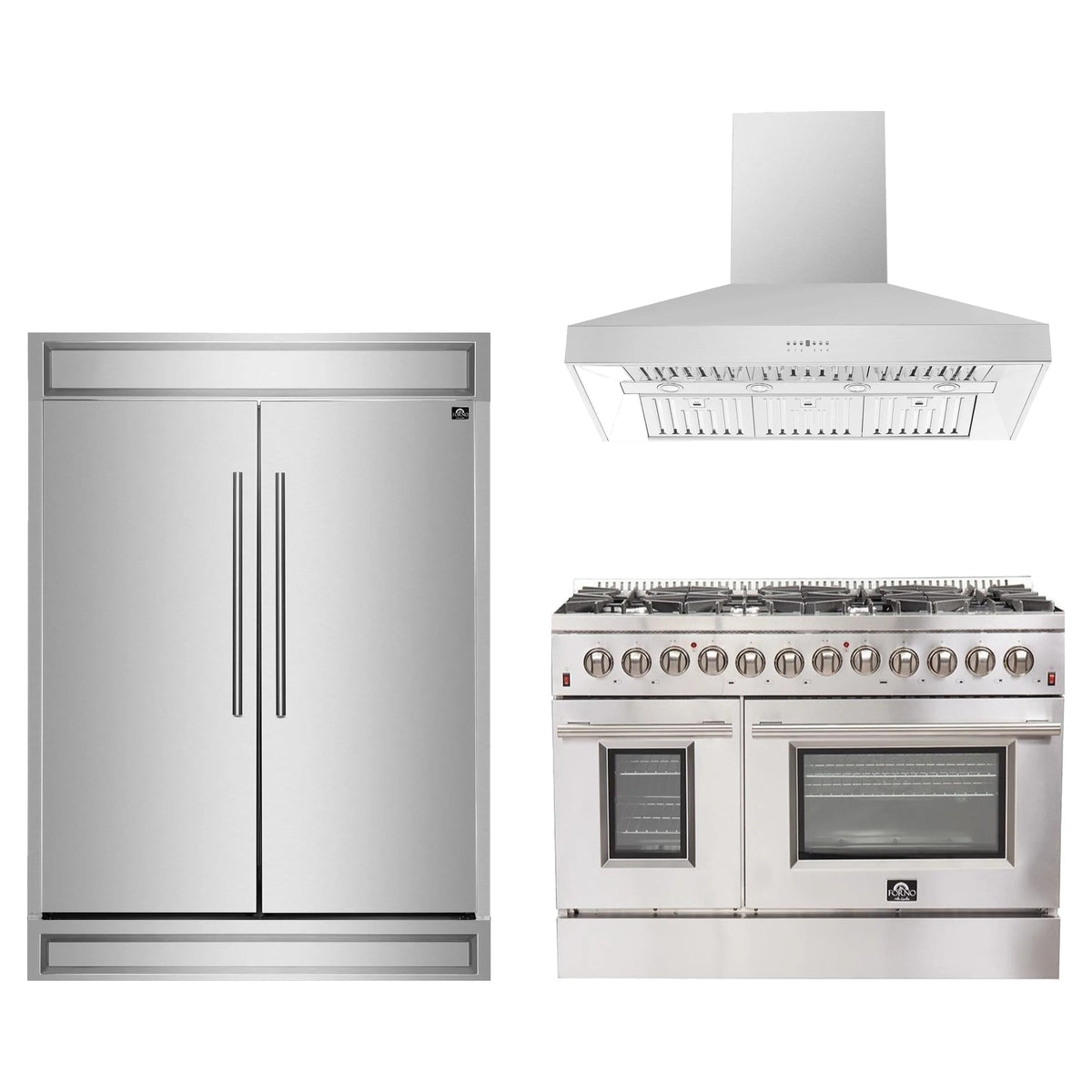 Forno 3-Piece Appliance Package - 48-Inch Dual Fuel Range, Refrigerator, & Wall Mount Hood Stainless Steel (FBDL-017-04CAUS)