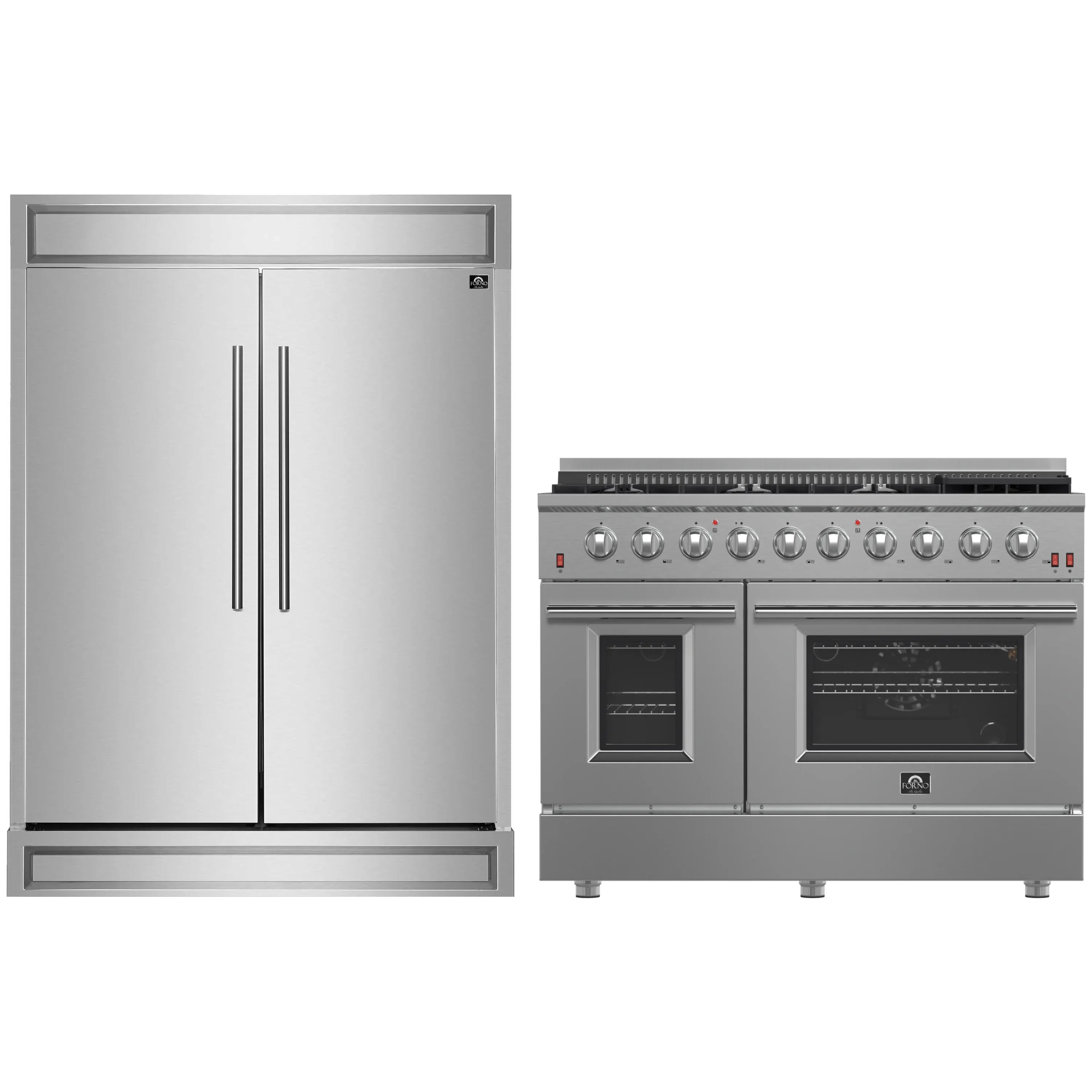 Stainless steel built-in refrigerator and 48-inch gas range side-by-side