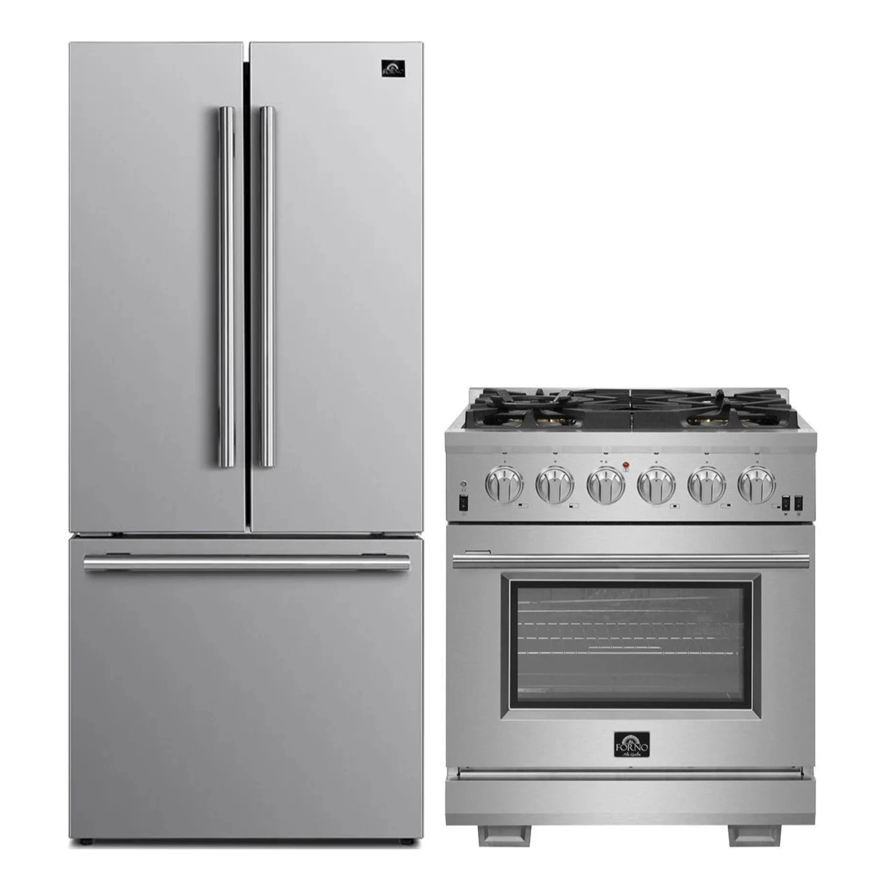 Stainless steel French door refrigerator with 30-inch gas range