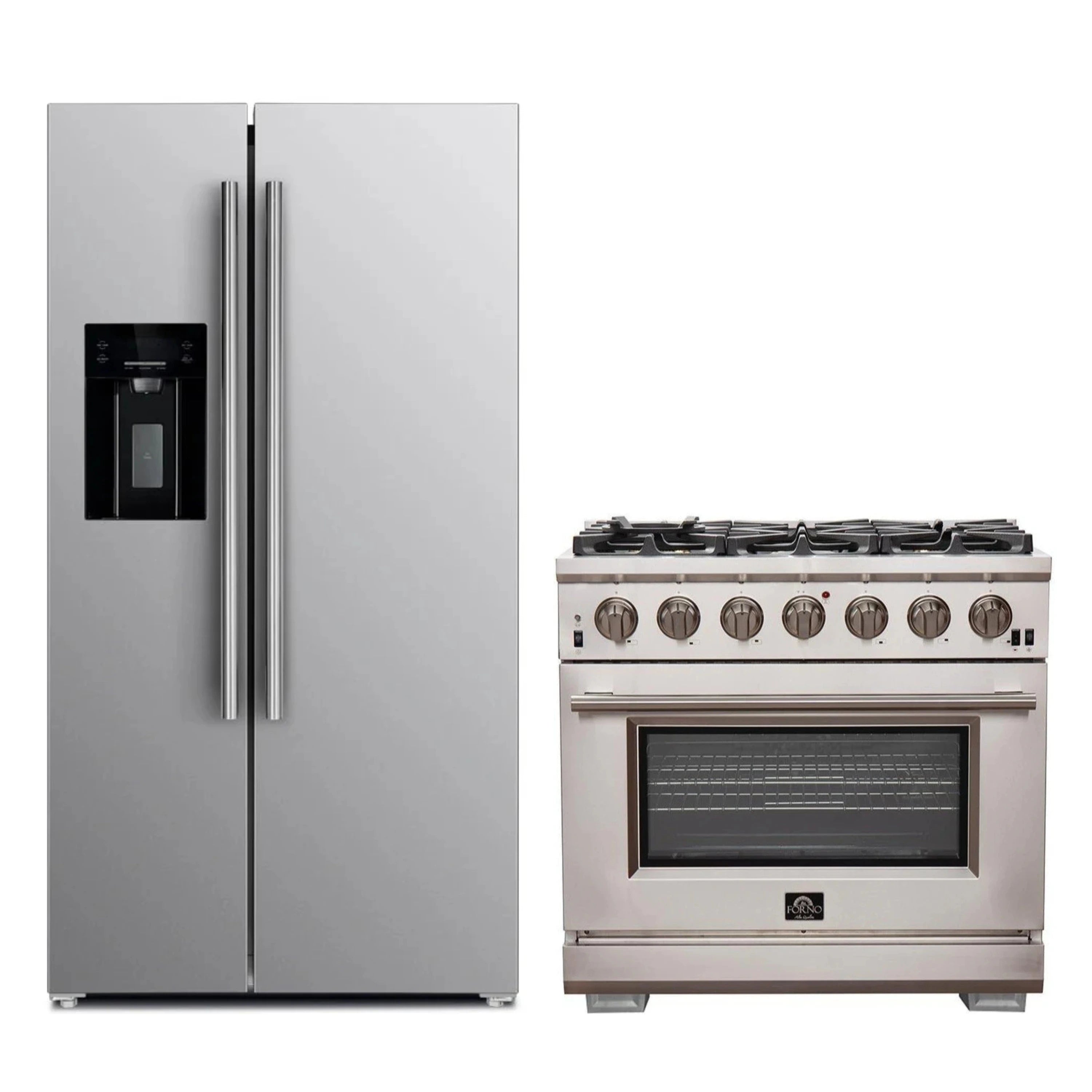 Stainless steel refrigerator next to freestanding 36-inch gas range with burners