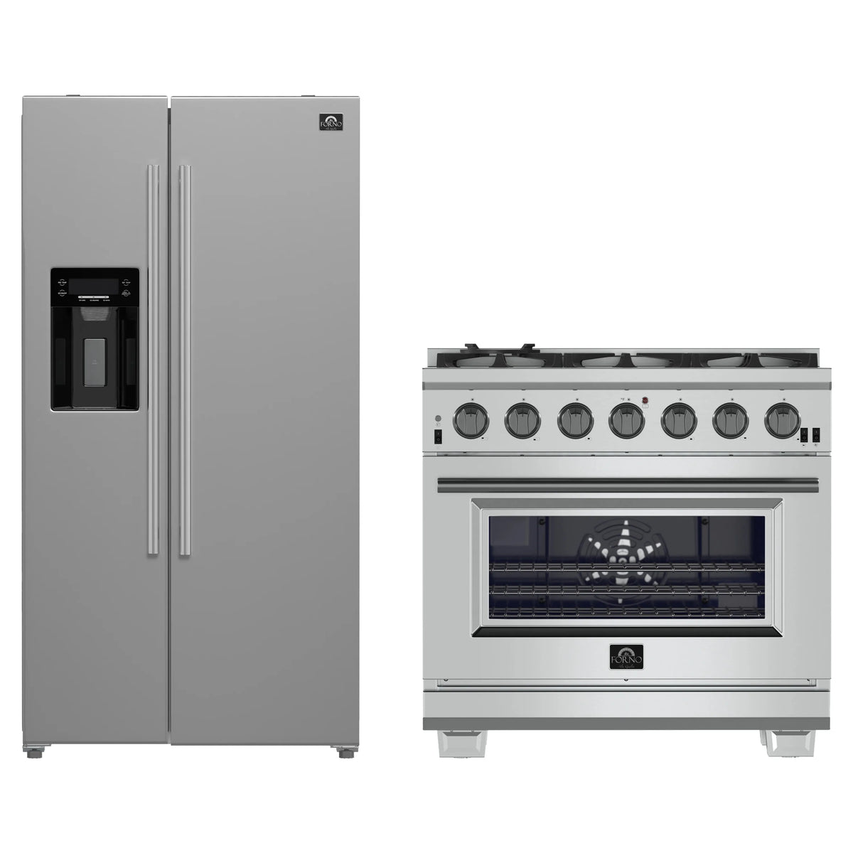 FORNO 2-Piece Appliance Package- 36-Inch Gas Range and 36-Inch Refrigerator with Water Dispenser in Stainless Steel (FBDL-019-02CAUS)