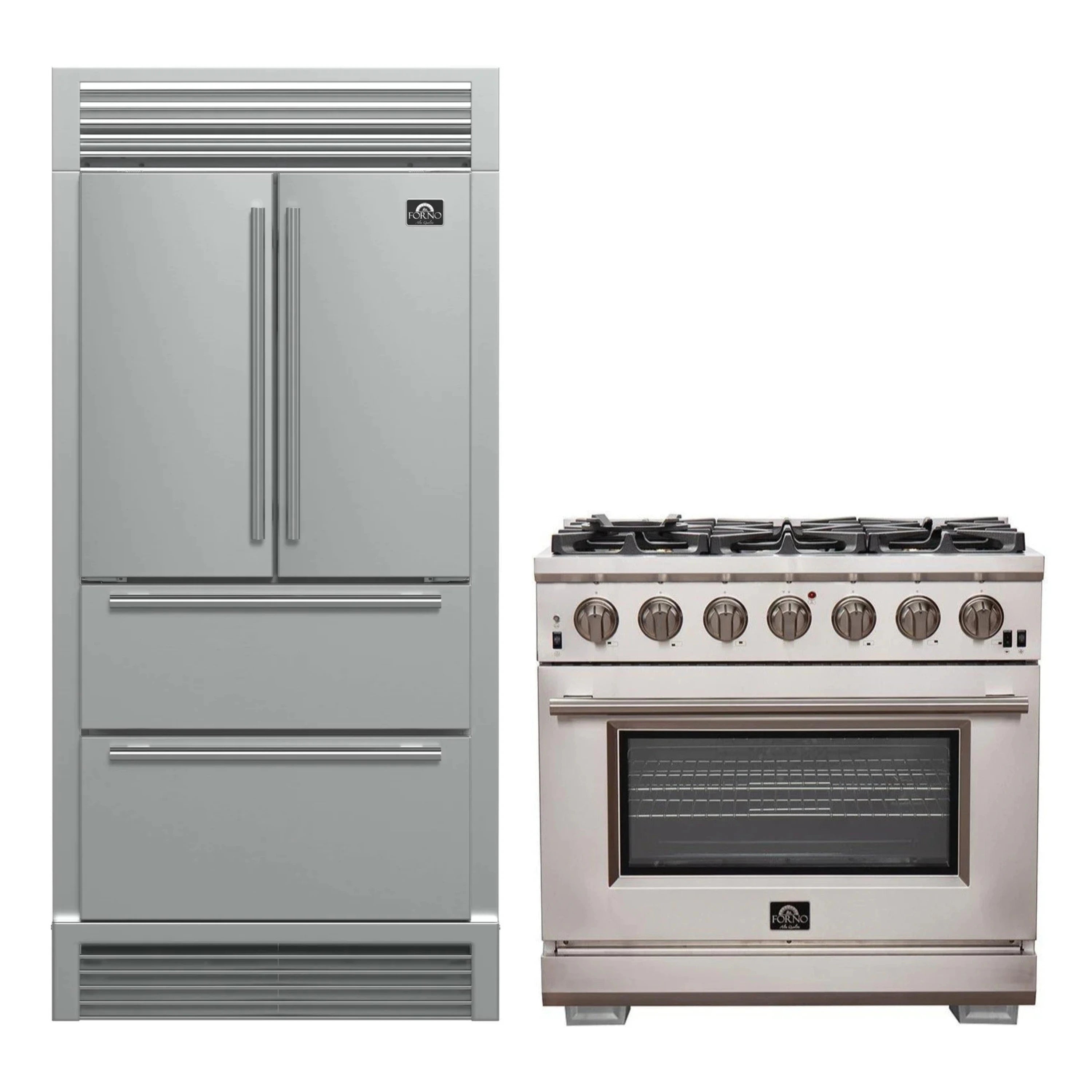 Stainless steel French door refrigerator and gas range appliance set side-by-side