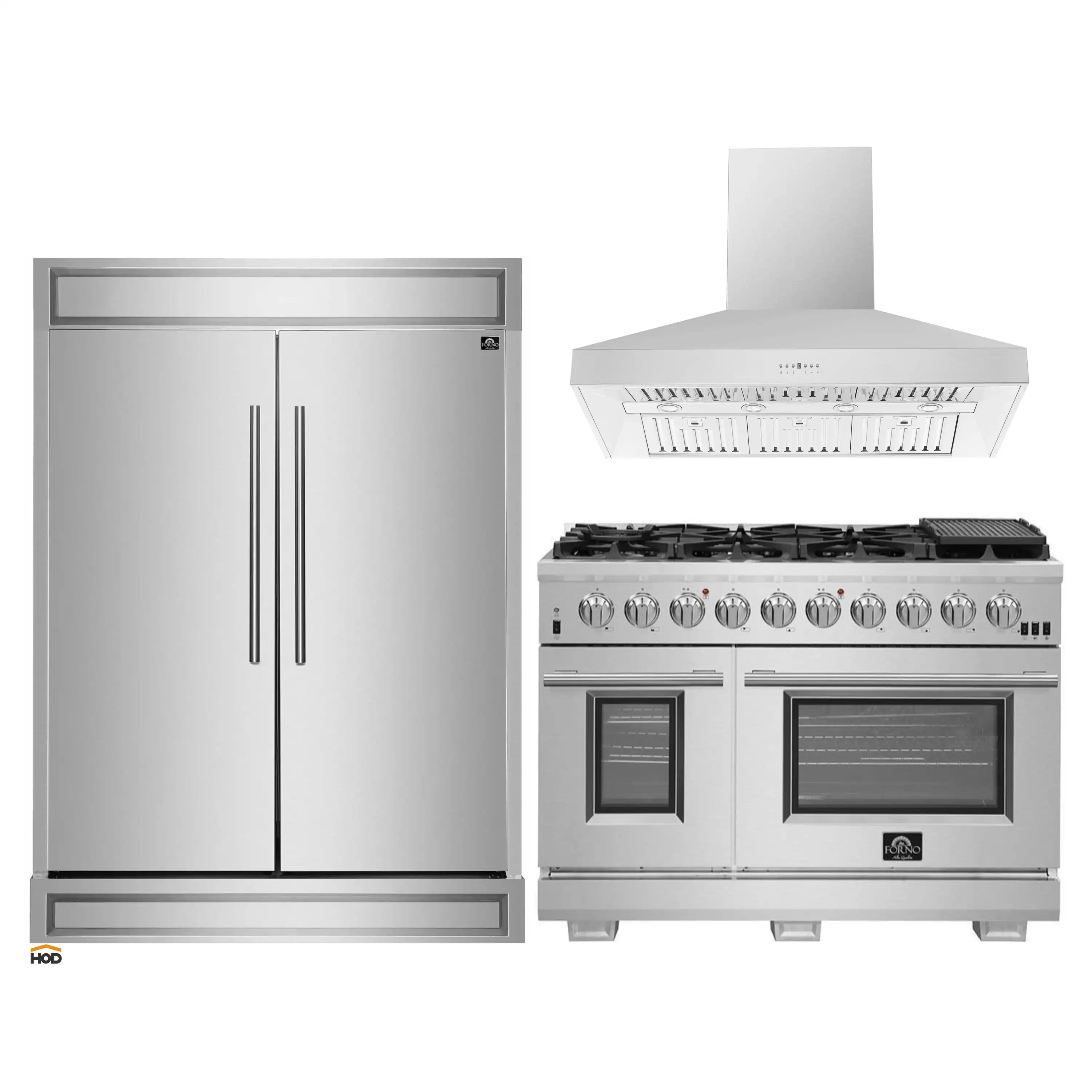 Stainless kitchen appliance set with refrigerator, gas range, and wall mount hood