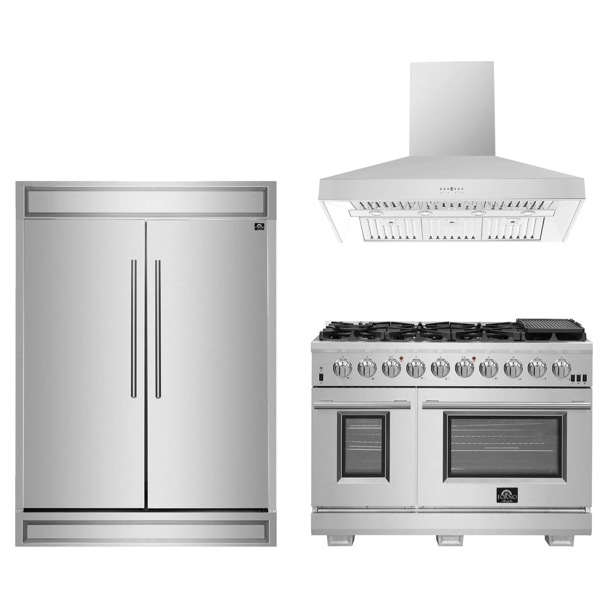 Forno 3-Piece Appliance Package - 48-Inch Capriasca Gas Range, Refrigerator, & Wall Mount Hood in Stainless Steel (FBDL-019-07CAUS)