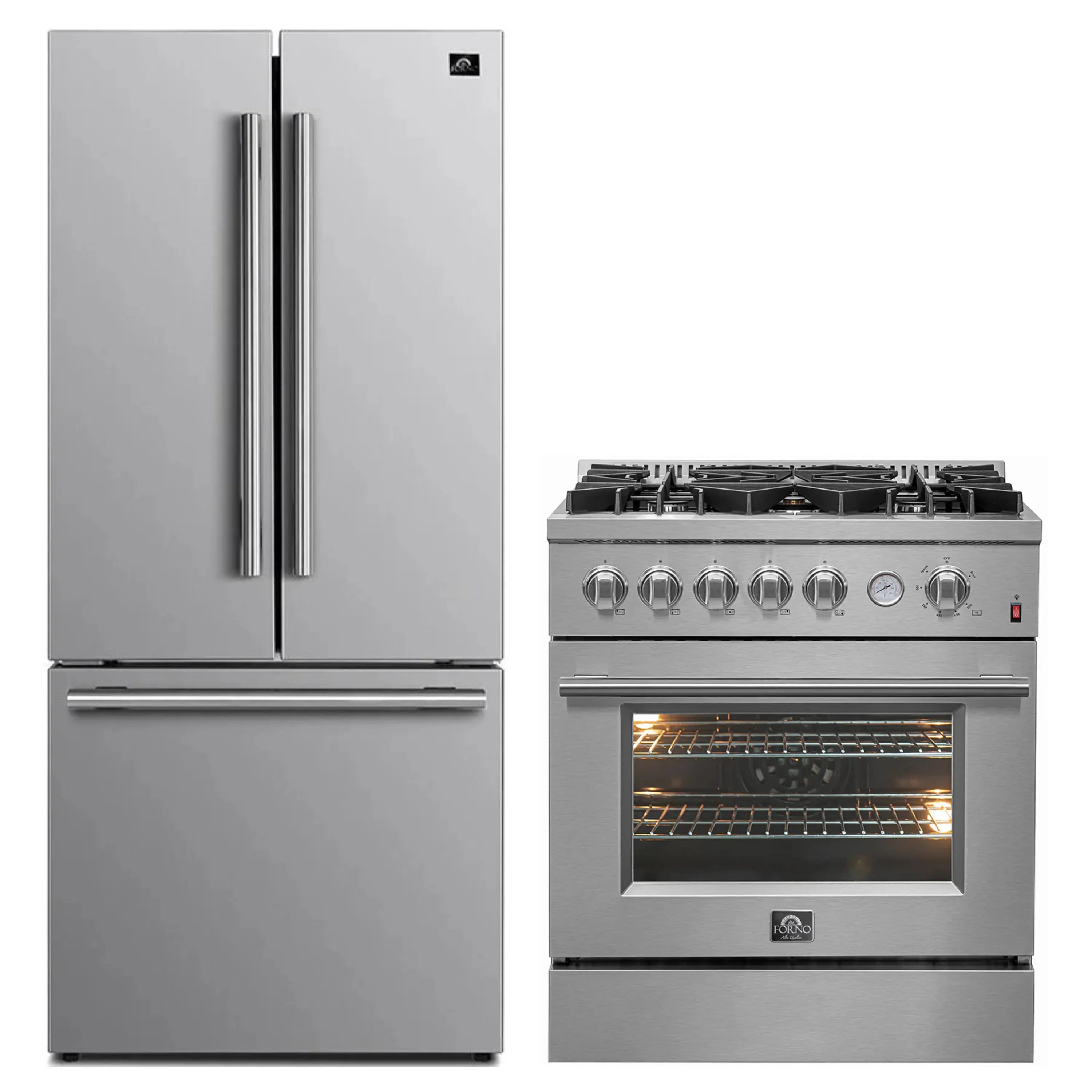 Stainless French door refrigerator with handles beside 30-in gas range oven