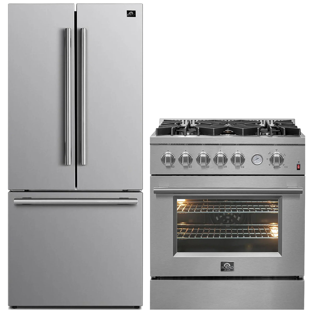 FORNO 2-Piece Appliance Package- 30-Inch Gas Range and 30-Inch French Door Refrigerator in Stainless Steel (FBDL-020-01CAUS)