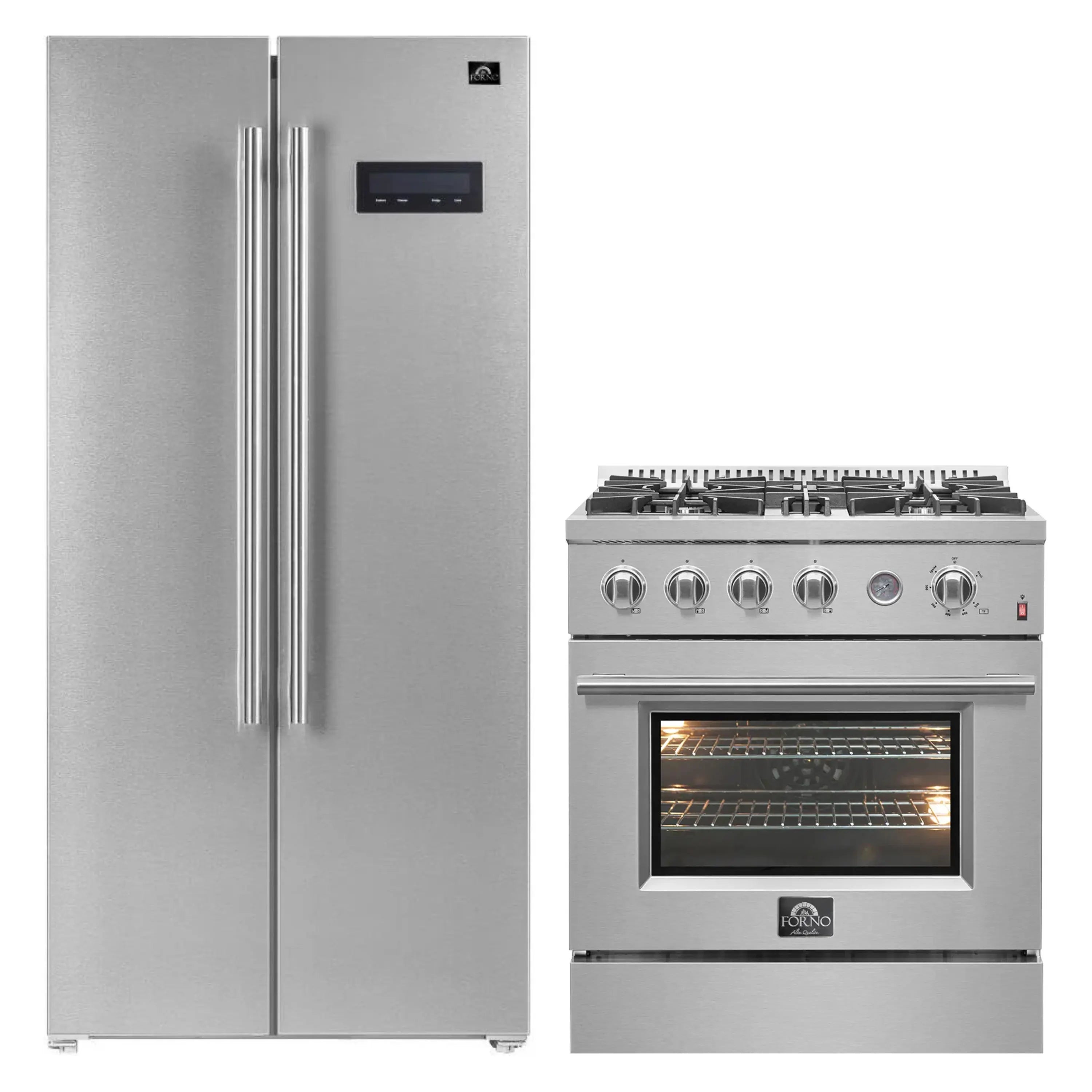 Stainless steel side-by-side refrigerator and 30-inch gas range