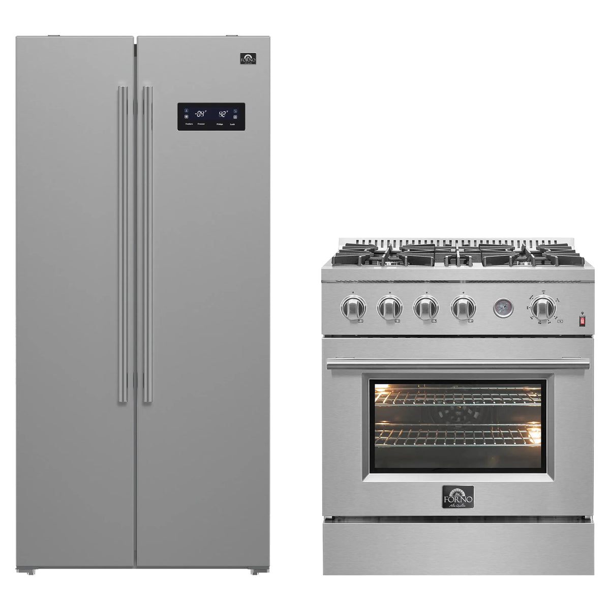 FORNO 2-Piece Appliance Package- 30-Inch Gas Range and 33-Inch Side-by-Side Refrigerator in Stainless Steel (FBDL-021-01CAUS)