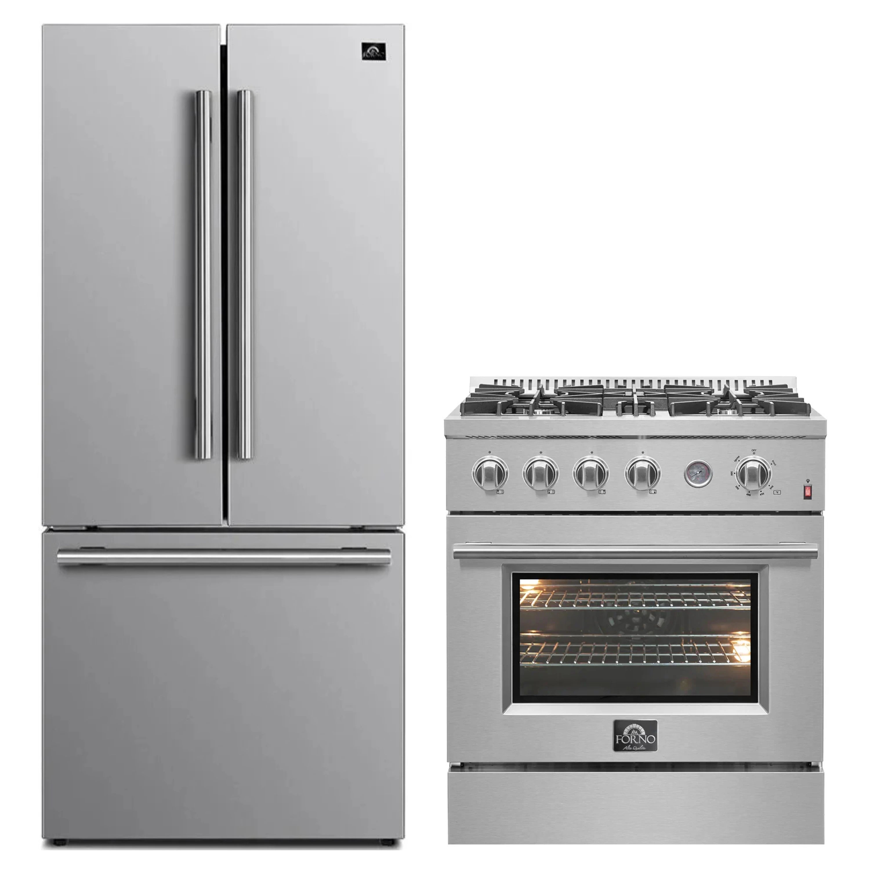 Stainless steel French door refrigerator and 30-inch gas range with oven