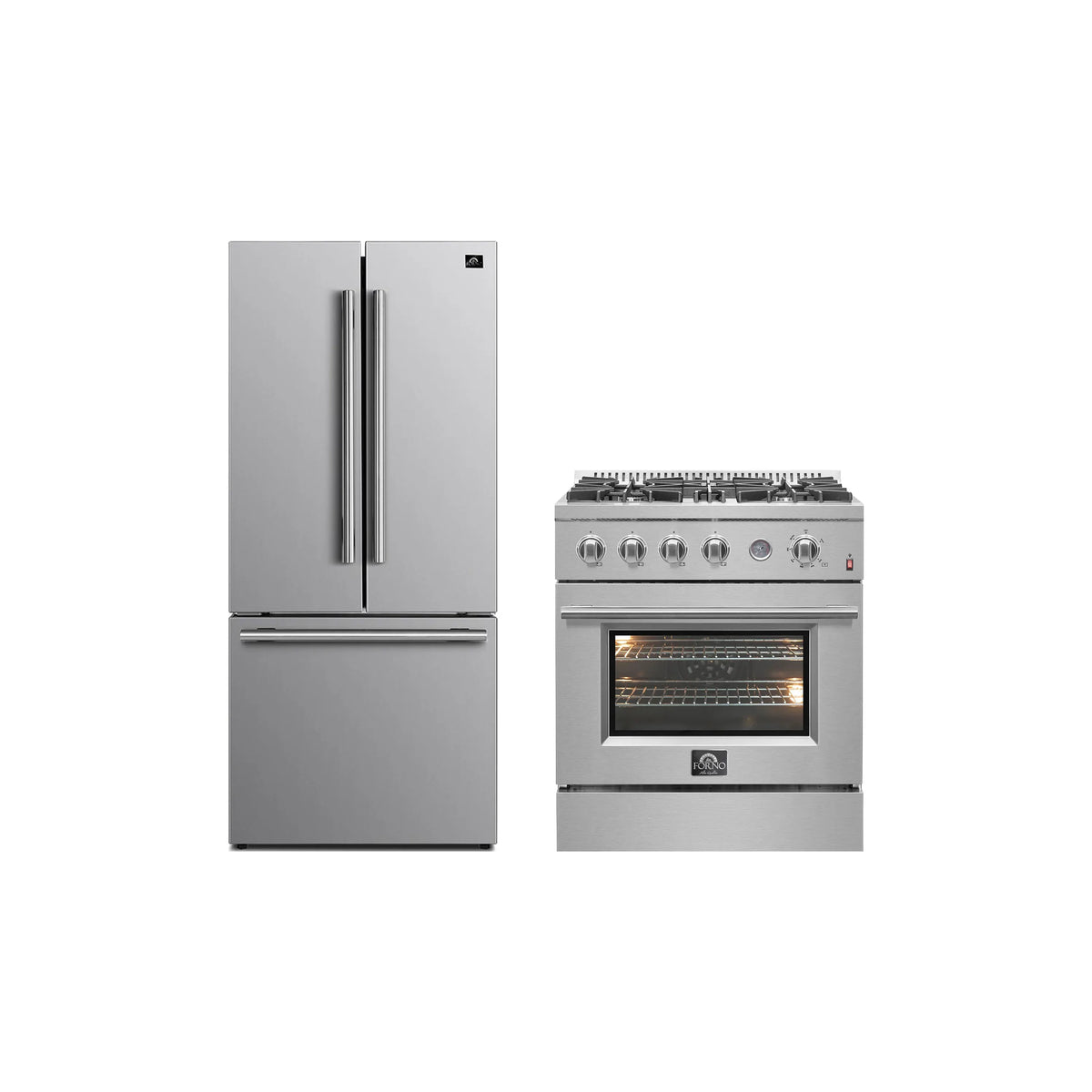 FORNO 2-Piece Appliance Package- 30-Inch Gas Range and 30-Inch French Door Refrigerator in Stainless Steel (FBDL-021-02CAUS)