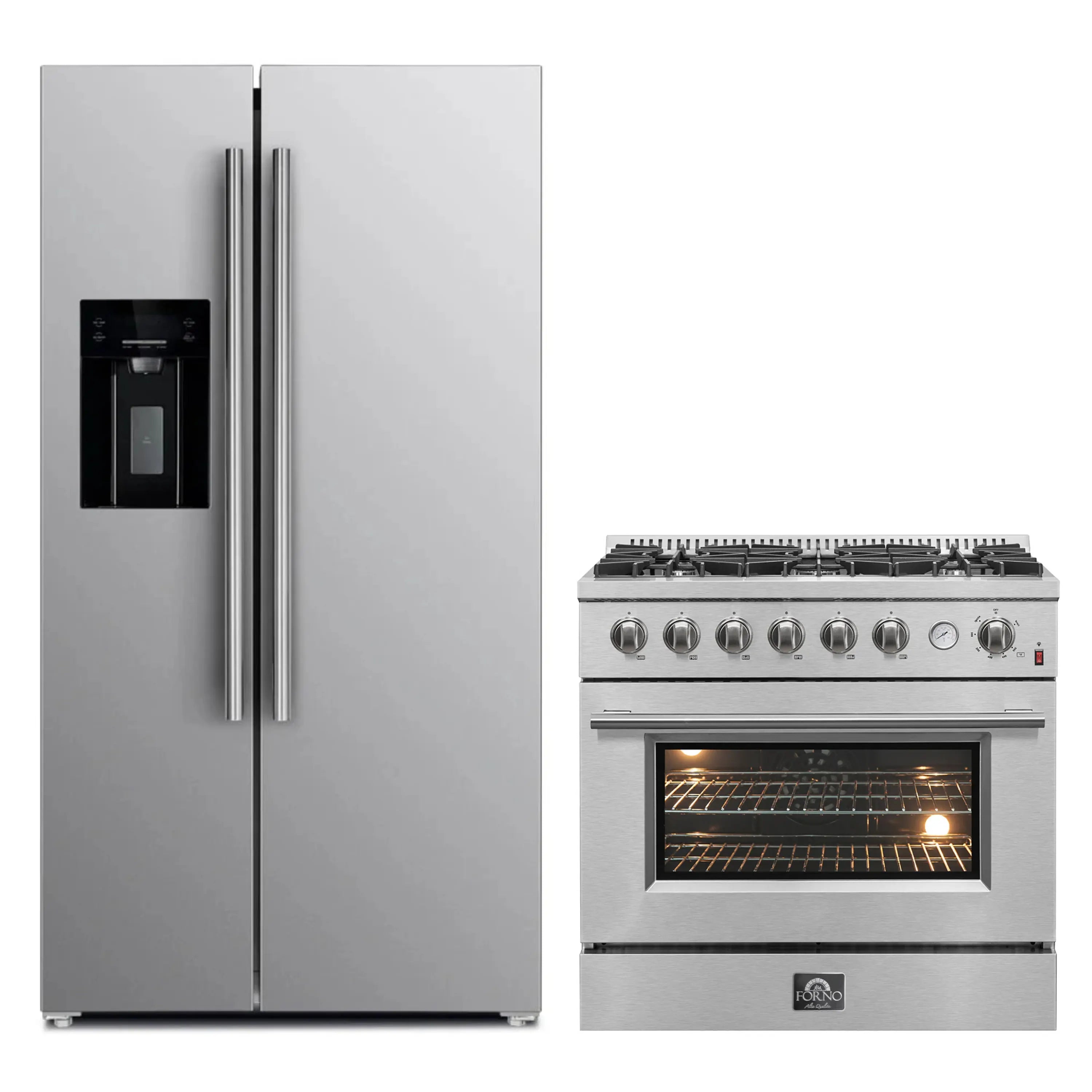 Stainless steel 36-inch gas range and refrigerator with water dispenser, side-by-side