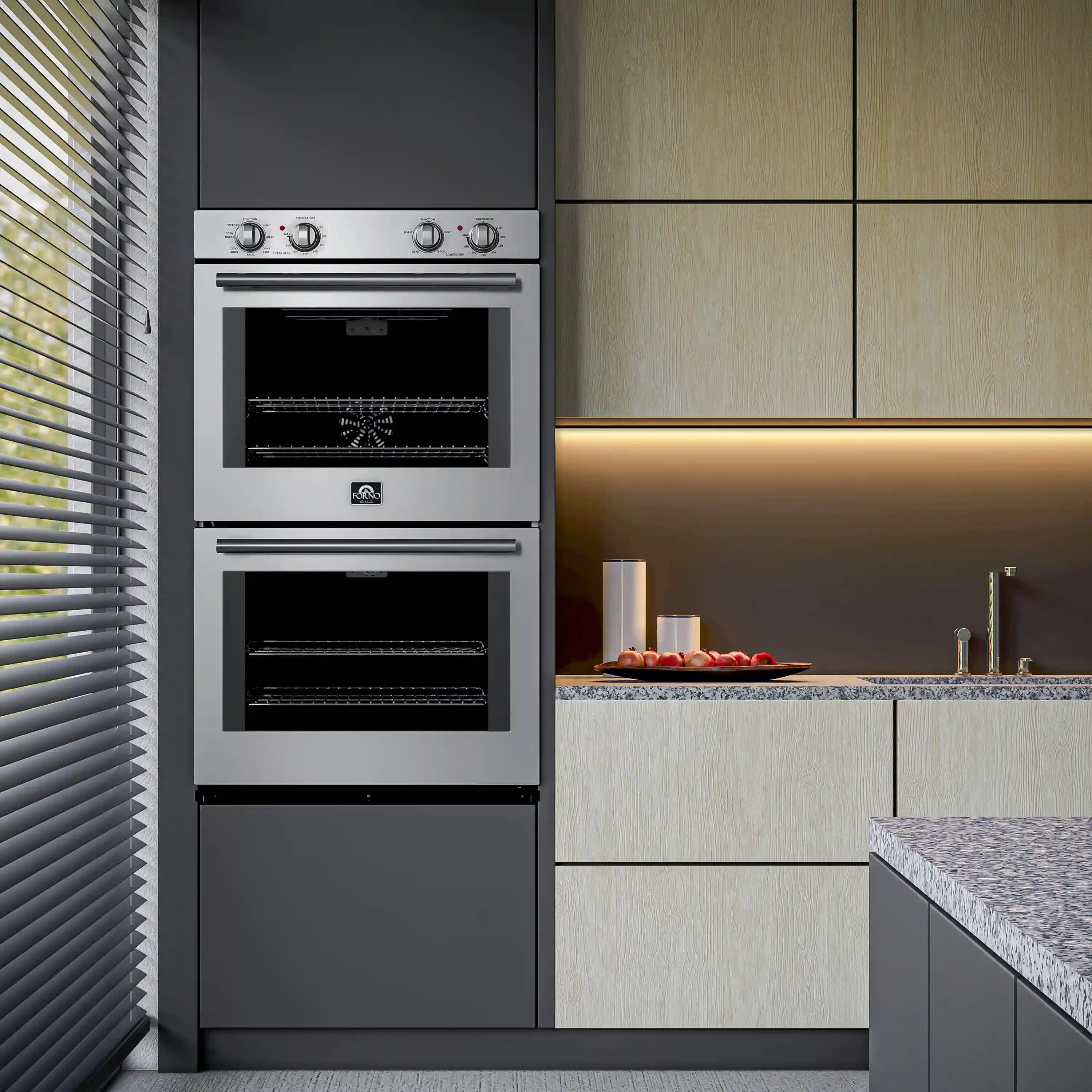 Built-in stainless steel double wall oven with two black glass doors and control knobs.