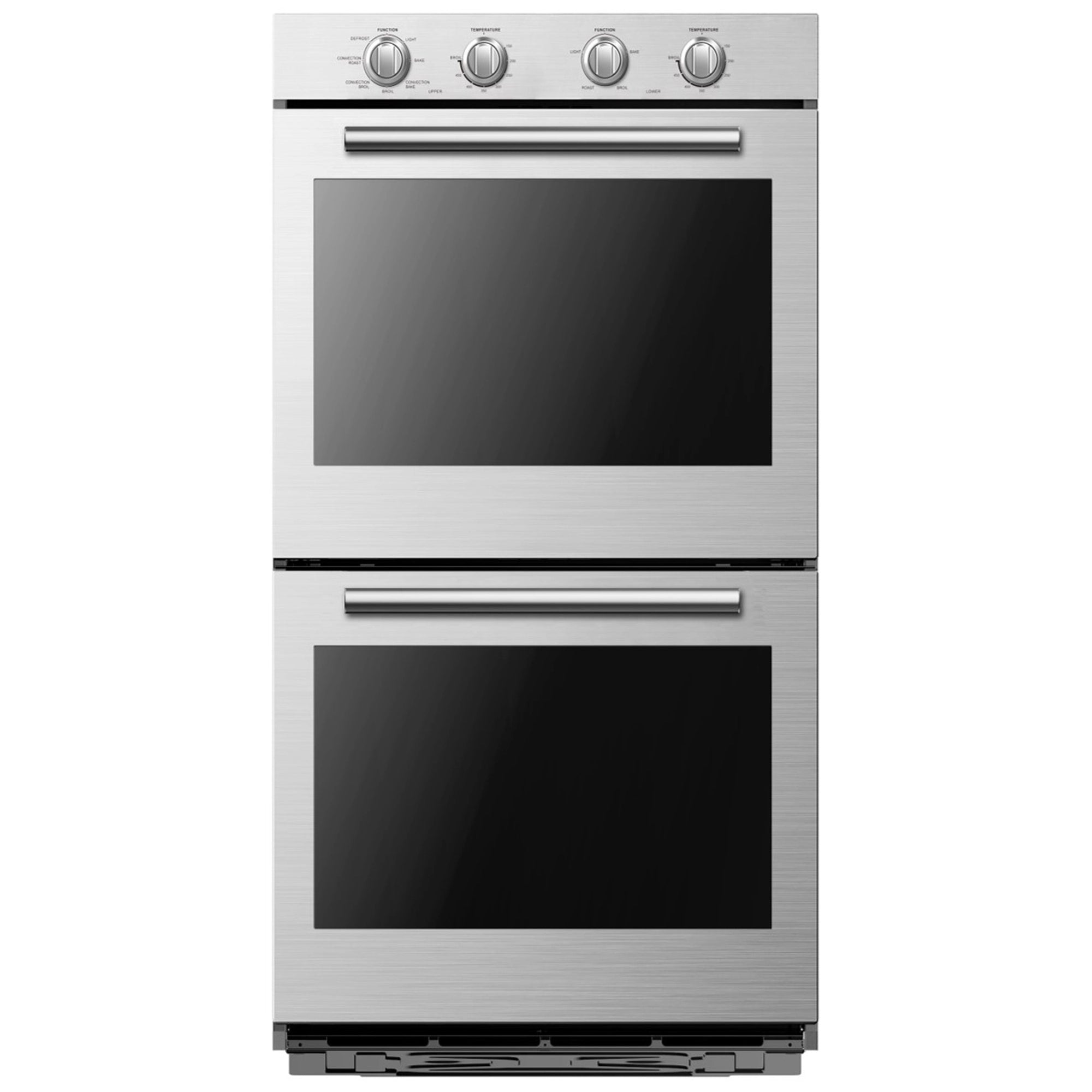 Stainless steel double wall oven with two black glass doors and four front knobs.