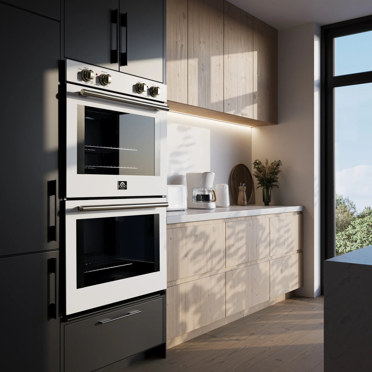 Forno Vomero 30-Inch Double Wall Oven with 10 cu.ft Total Capacity in White with Stainless Steel Trim shown in a styled kitchen