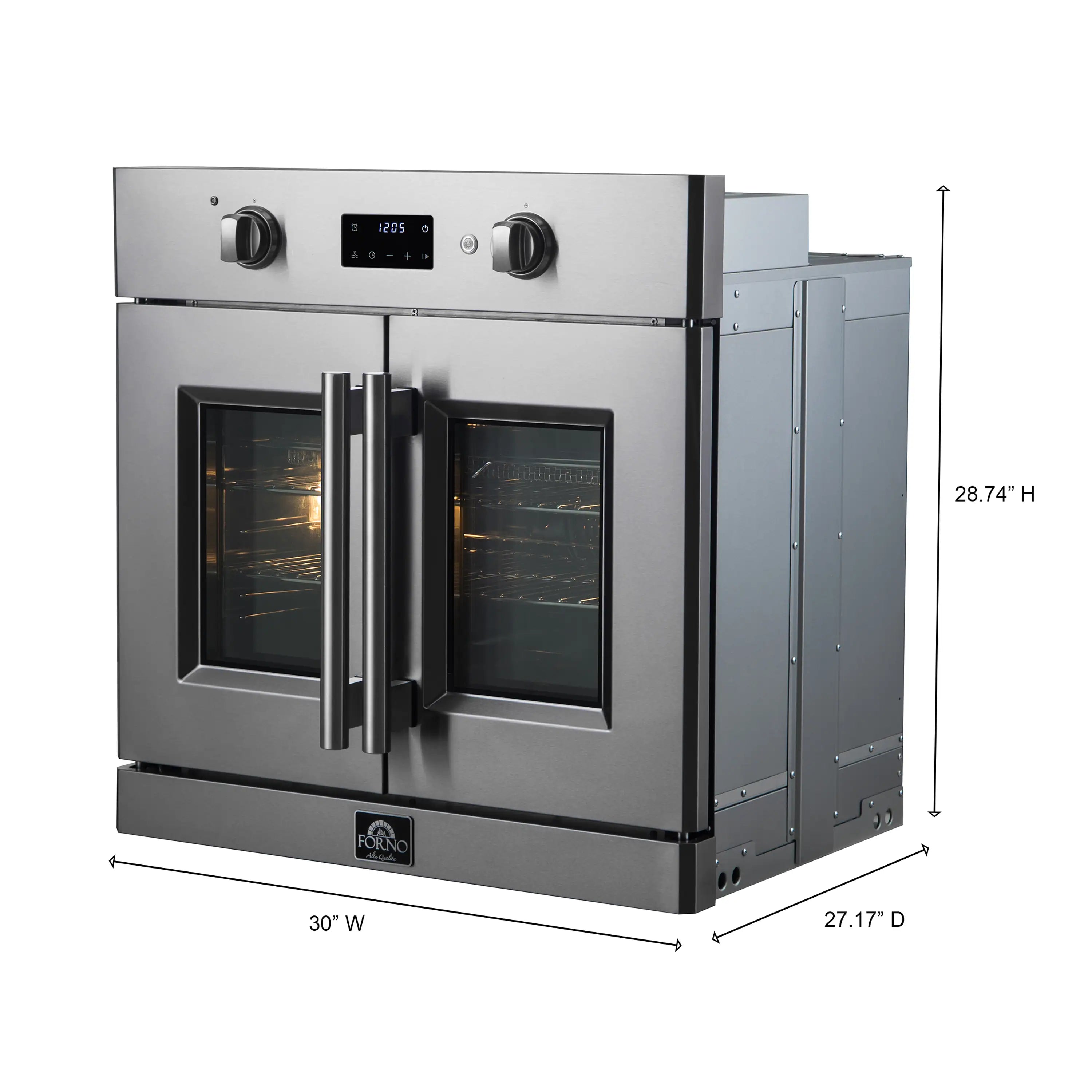 Stainless steel wall oven with doors open and front controls, side dimensions shown