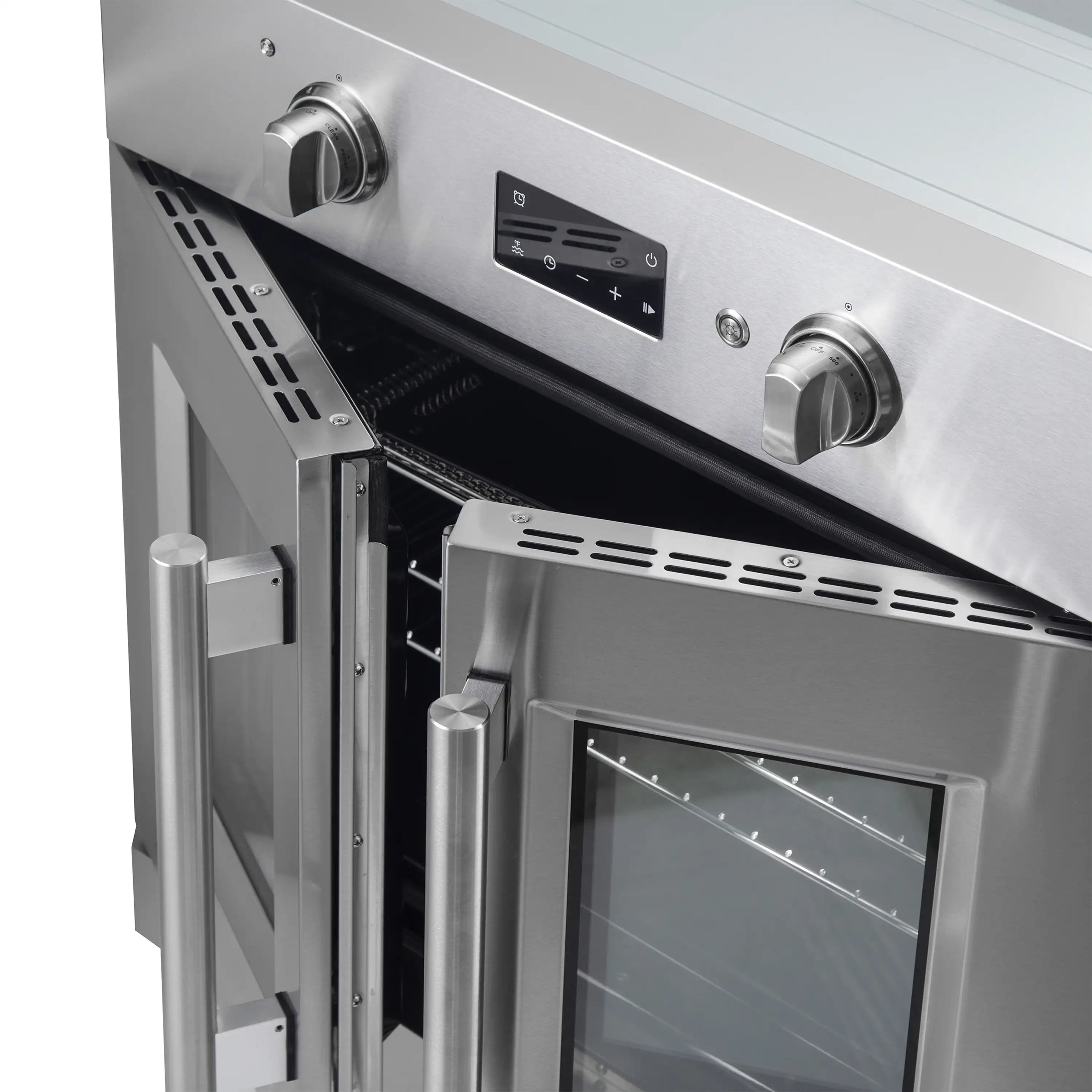 Stainless steel oven control panel with knobs and black display, oven door open