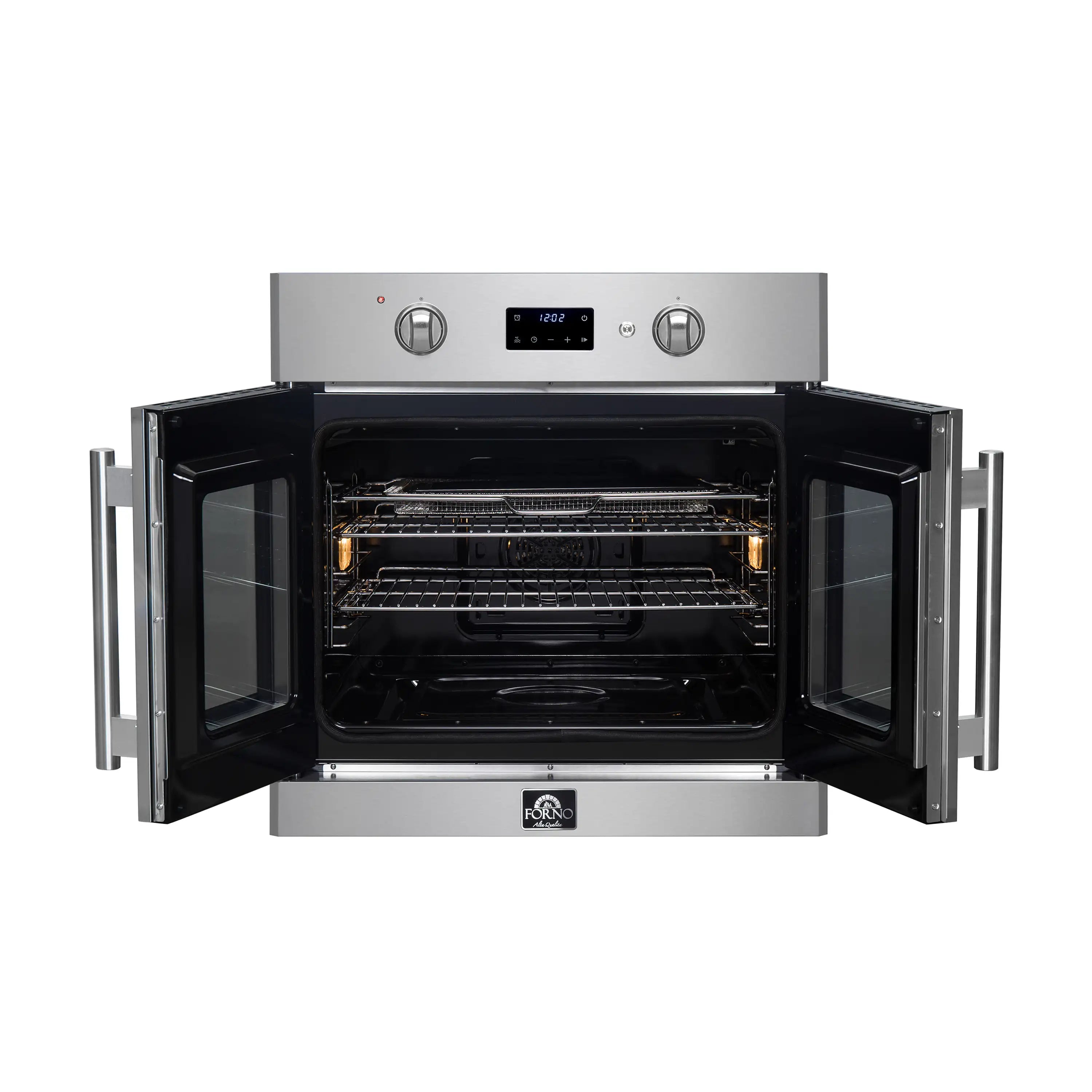 Stainless steel wall oven with both doors open and illuminated oven interior