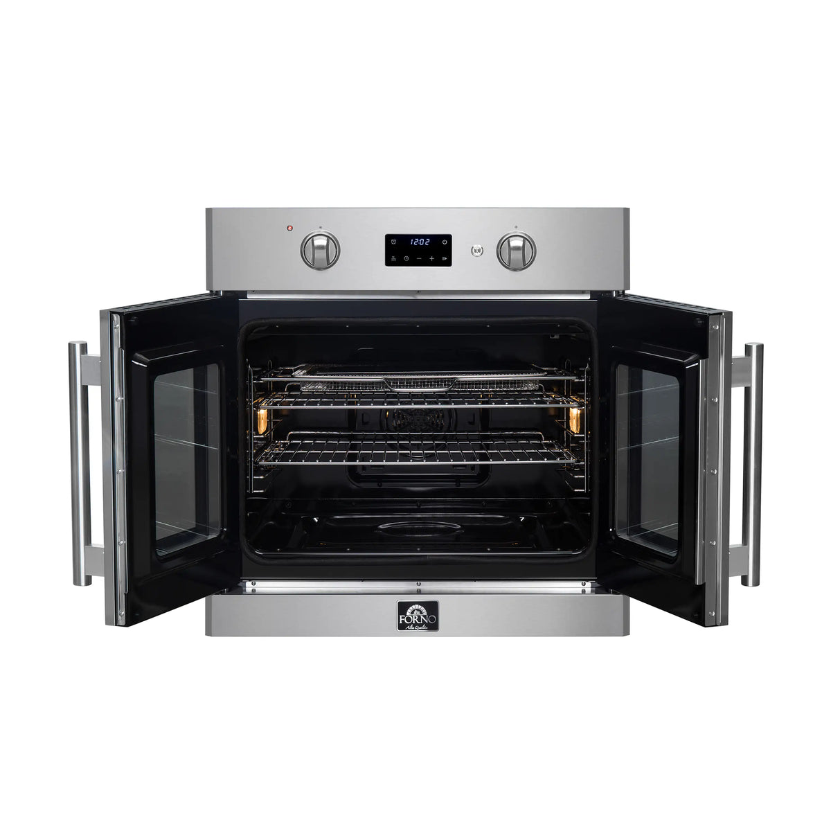 Stainless steel wall oven with two open doors and interior cooking racks