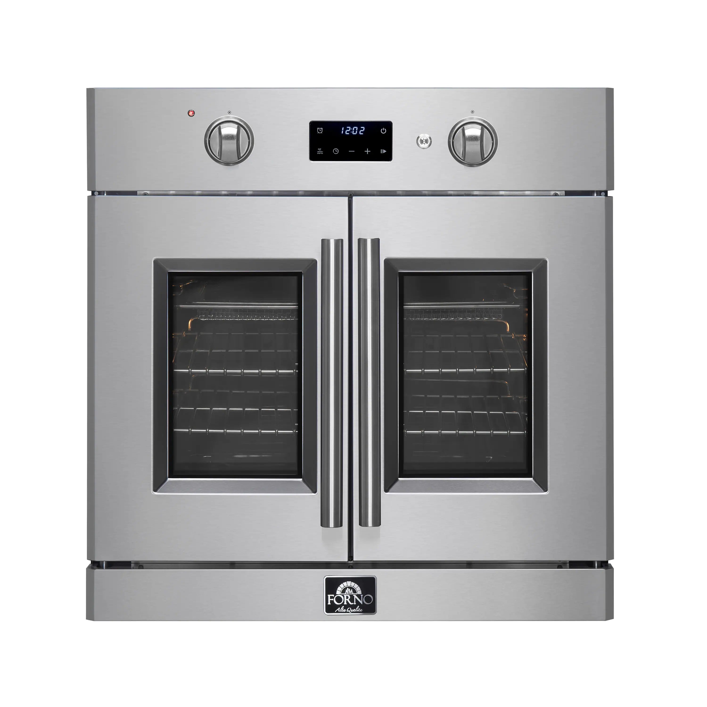Stainless steel double-door wall oven with control panel and black glass oven windows