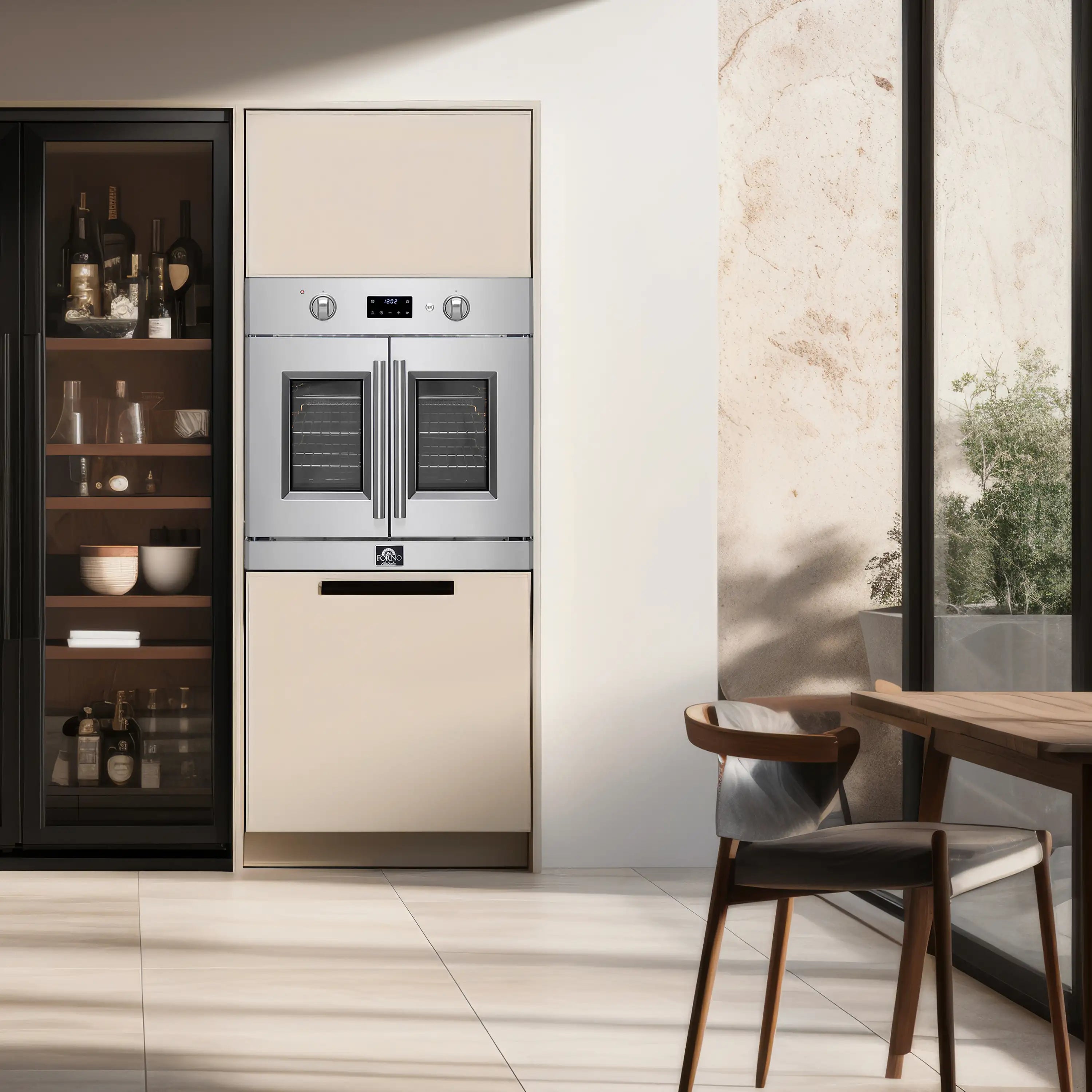 Built-in stainless steel electric wall oven with French doors in a kitchen