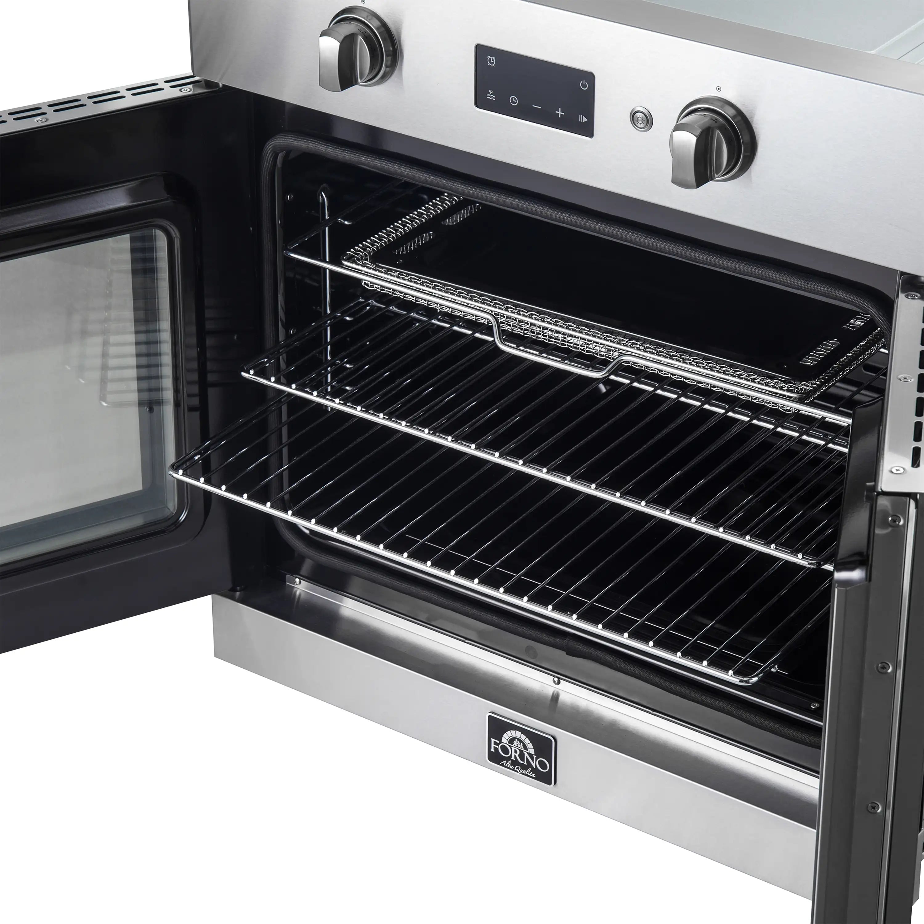 Stainless steel oven interior with wire racks and black enamel cooking surface