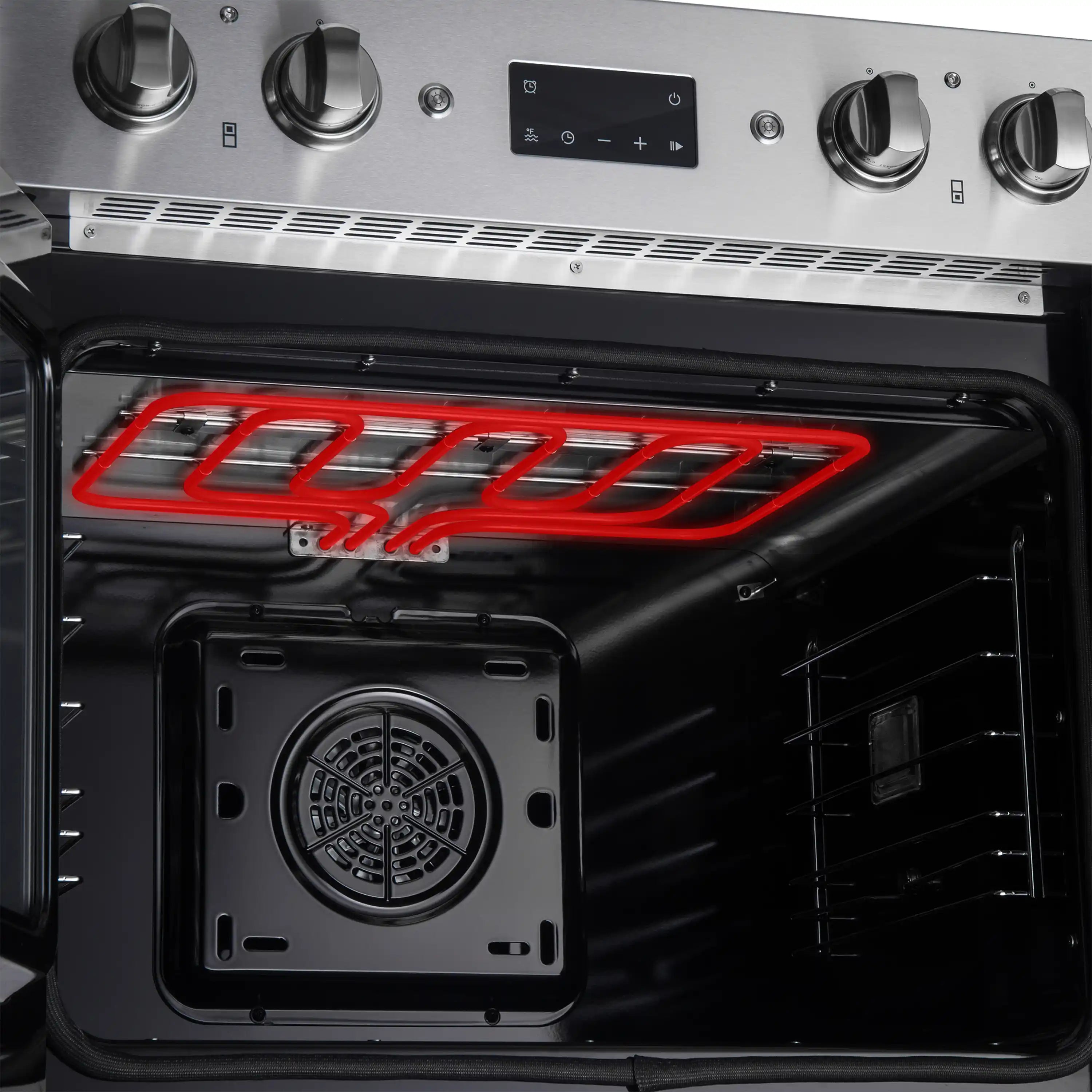 Forno Asti oven cavity detail with red heating element and back fan grille