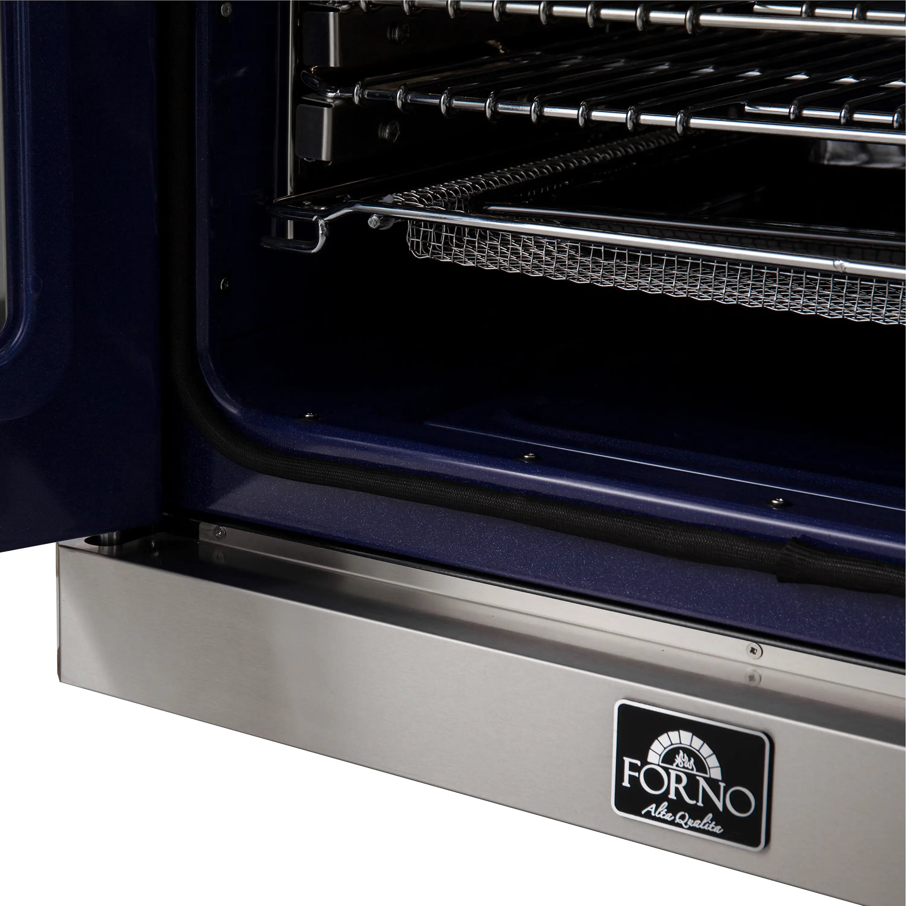 Open oven door with wire rack inside and interior wall heating element