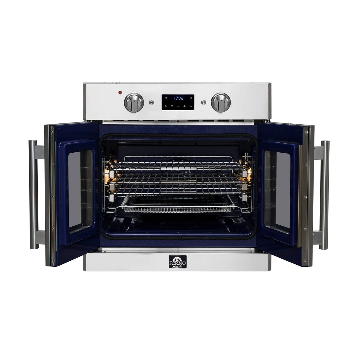 Open electric French door wall oven with fully visible interior racks and heating