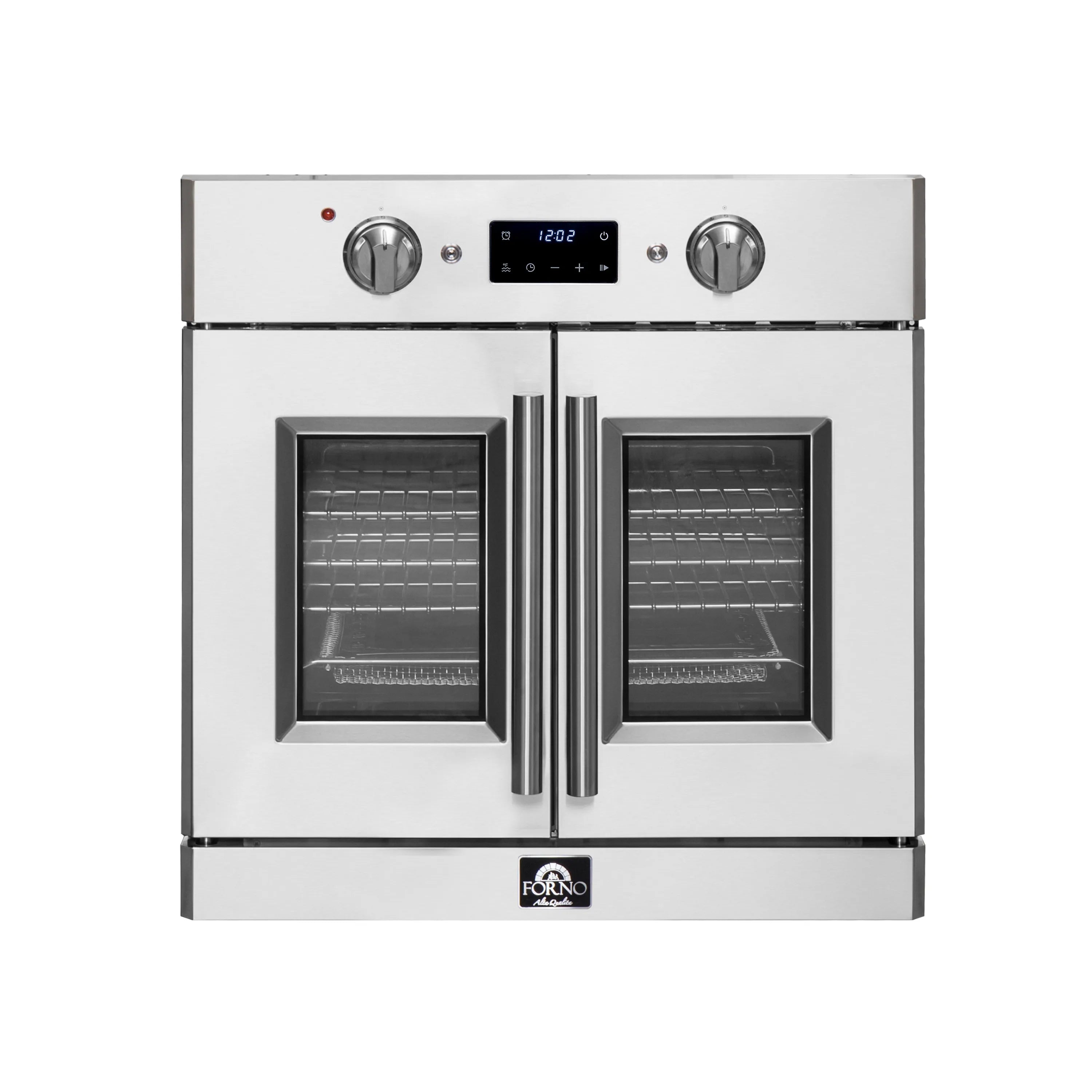 Stainless steel electric wall oven with two French doors, knobs, and digital display