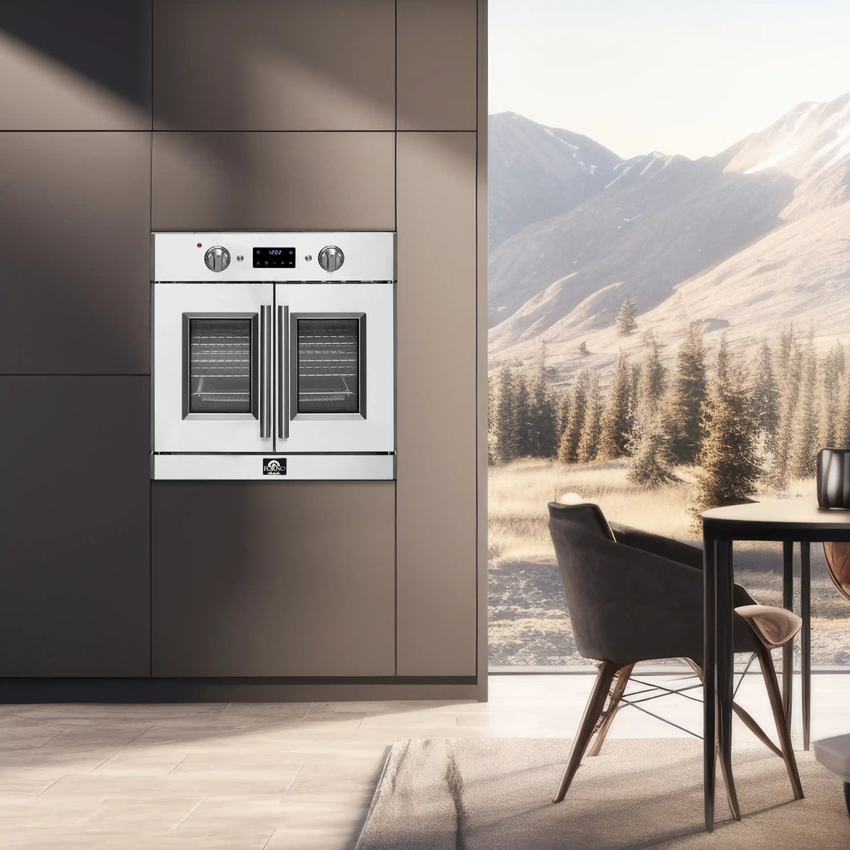 Stainless steel electric wall oven with two French doors and control panel