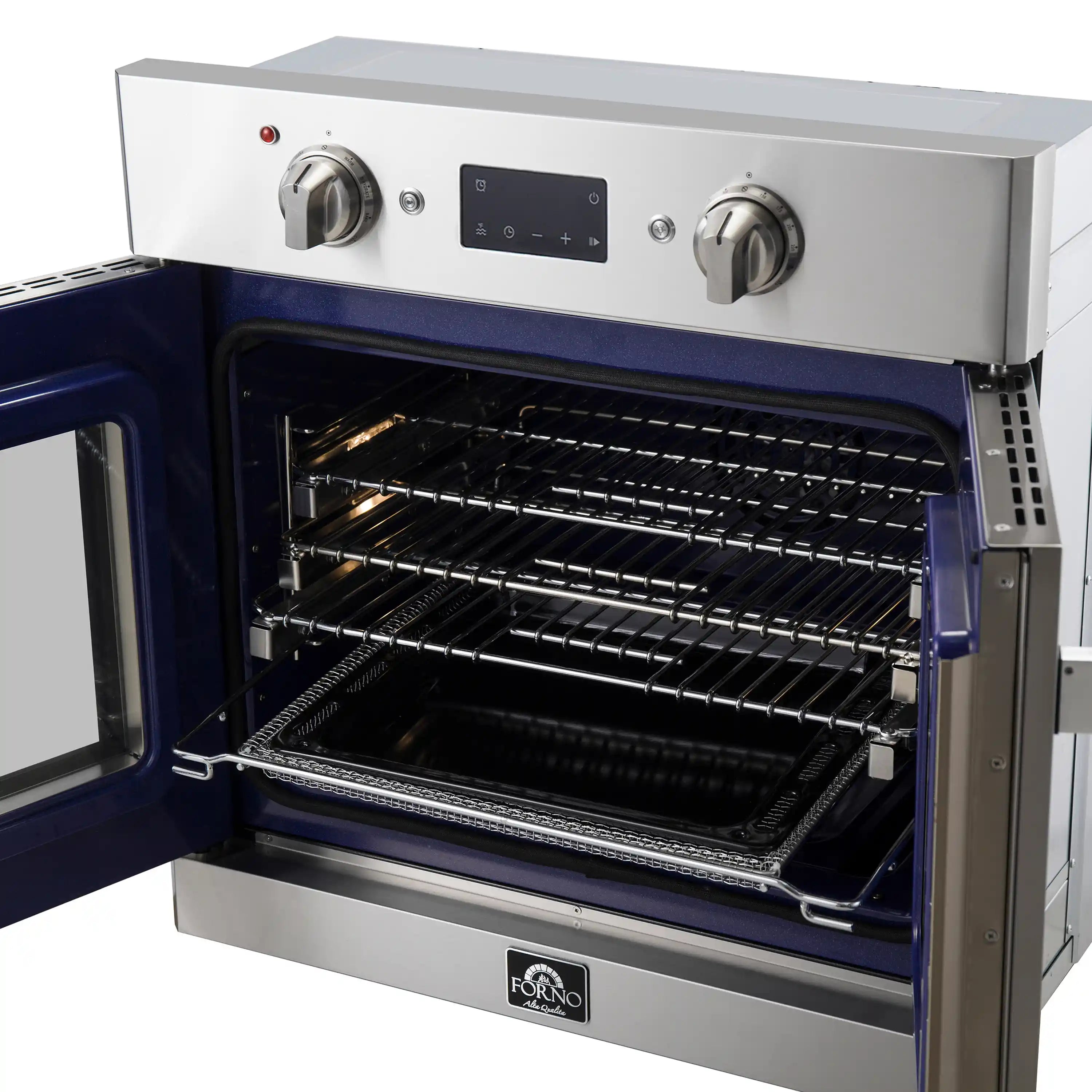 30-inch electric wall oven interior with racks, French doors open, and front control knobs
