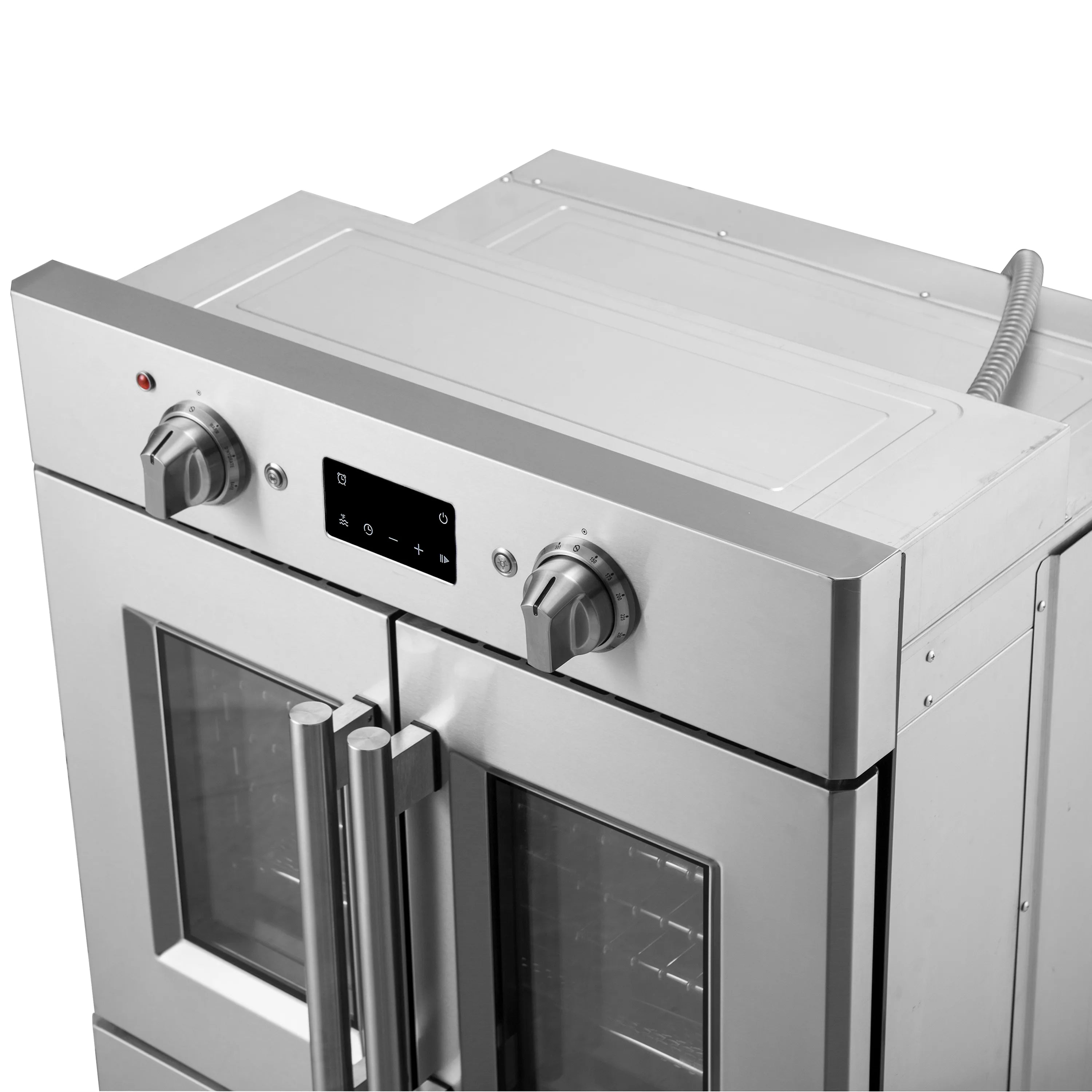 Stainless steel electric wall oven with French doors and front control panel with knobs
