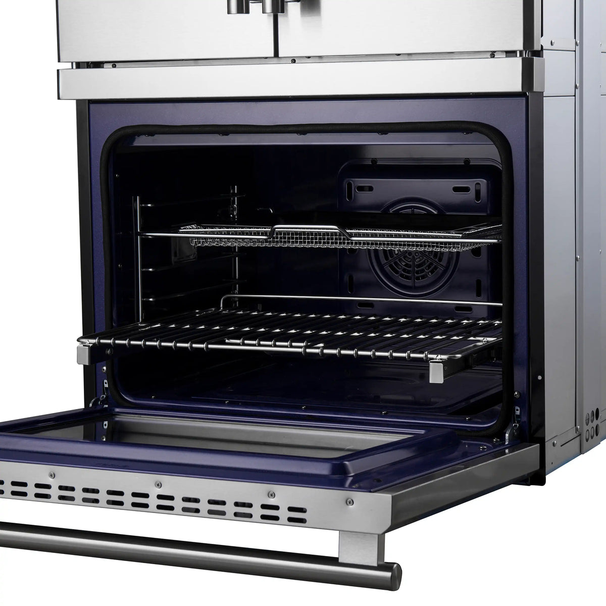 30-inch electric double oven, French door—open upper oven with racks and heating element