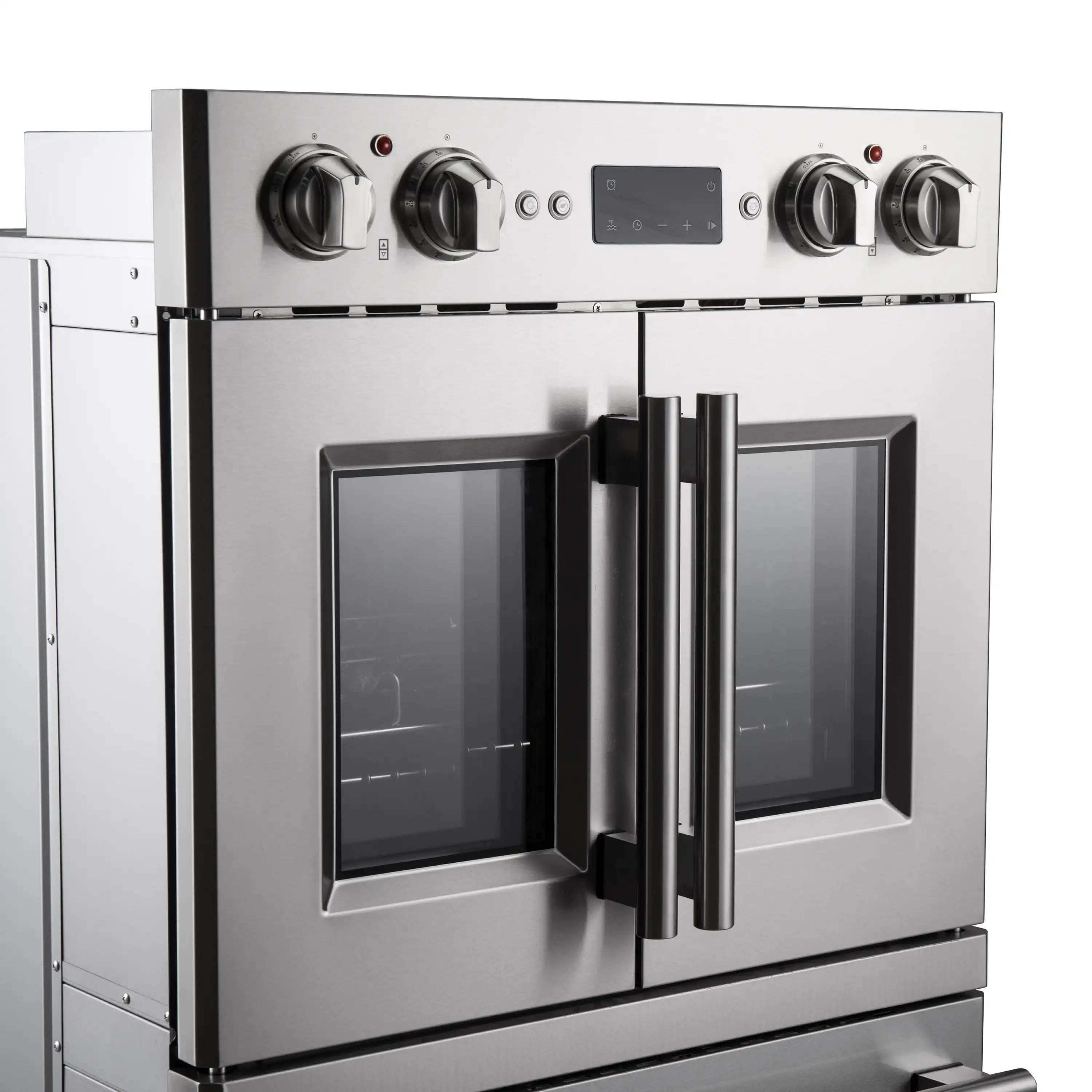 Stainless electric French door double oven with control knobs and closed upper doors