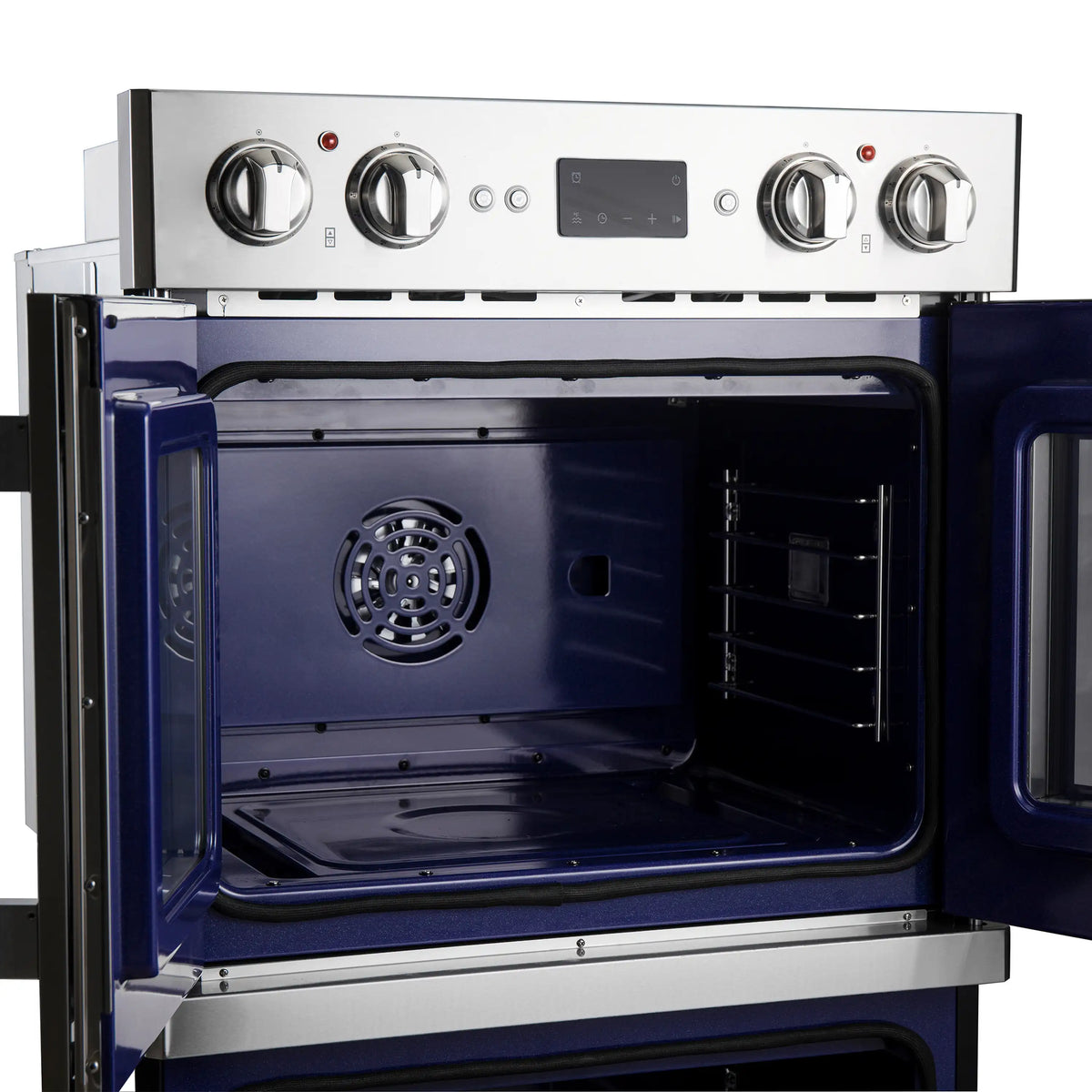 Electric double oven with French doors open—upper cavity showing fan and side racks